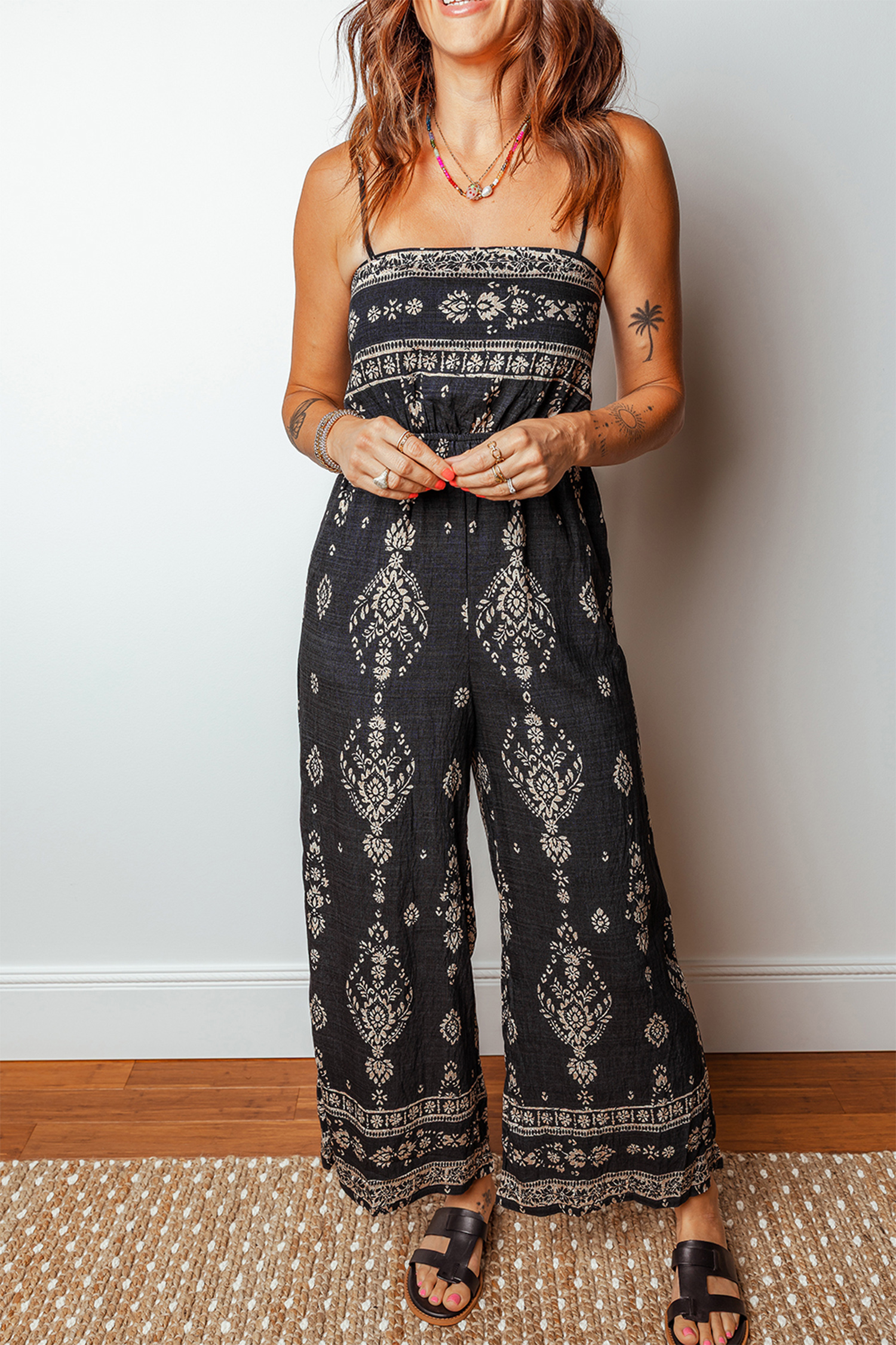 Black Spaghetti Straps Elastic Waist Loose Ethnic Print Jumpsuit - loveforevers