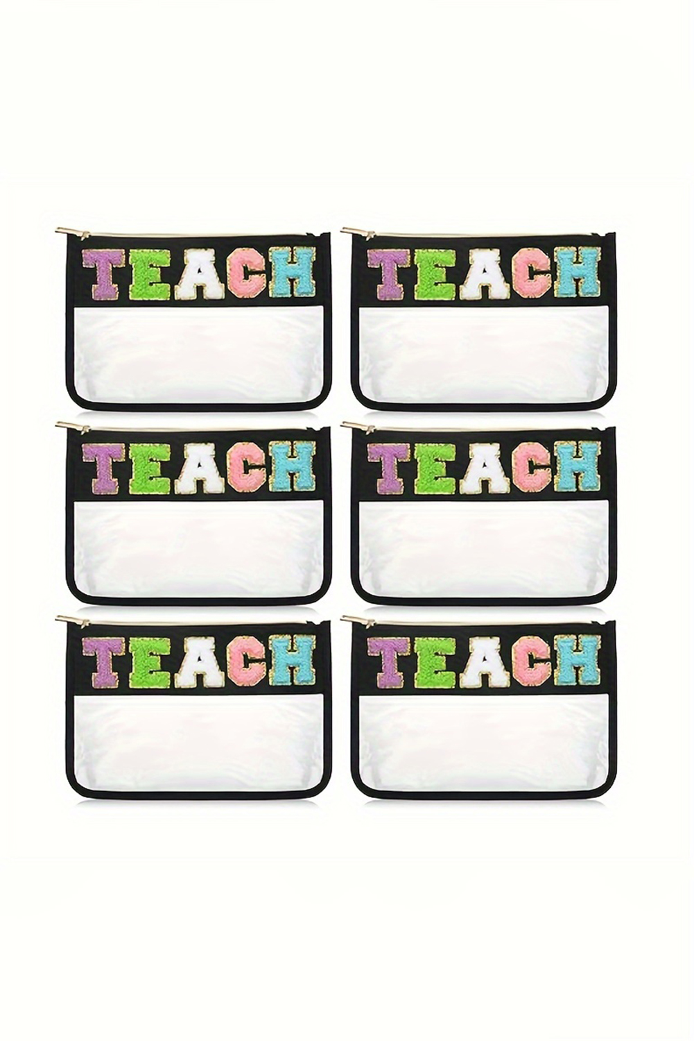 Black TEACH Glitter Chenille Clear PVC Makeup Bag - loveforevers