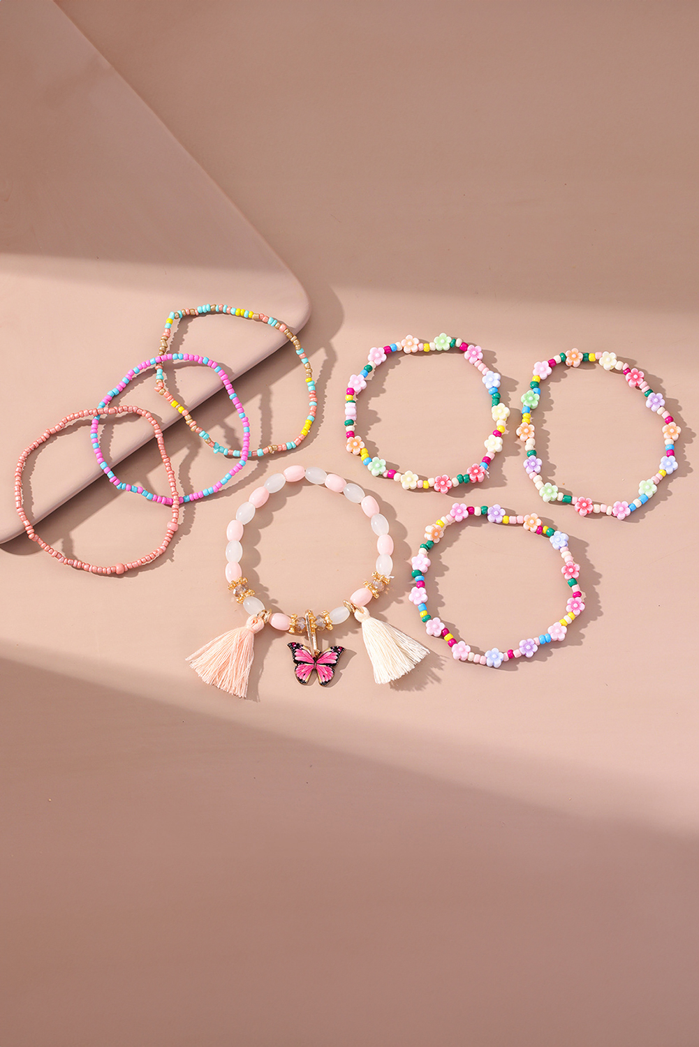 Peach Blossom 7pcs Handmade Beaded Bohemian Style Butterfly Tassel Bracelet Set - loveforevers