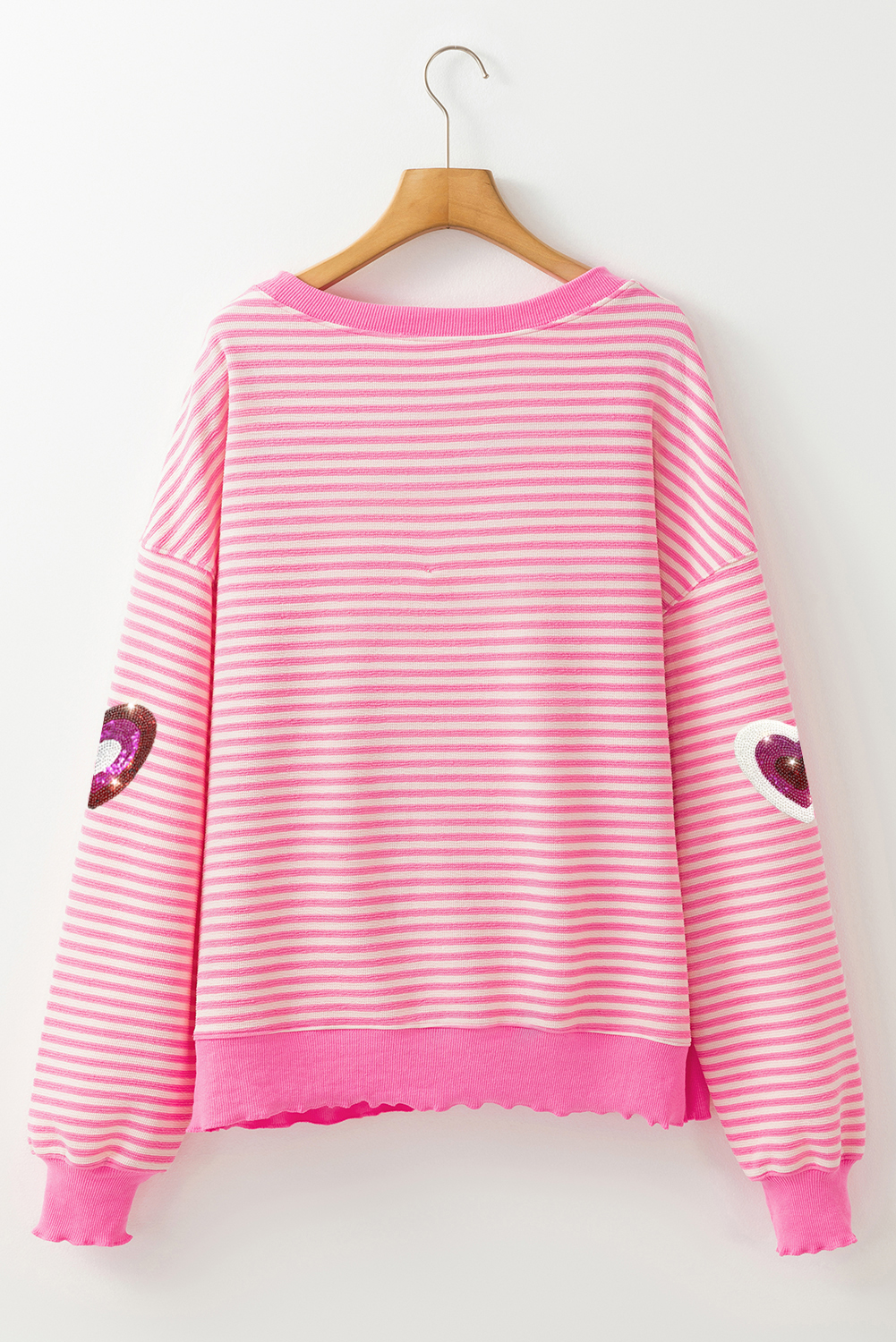 Pink Stripe Sequin Heart Patched Pattern Long Sleeve Valentines Top - loveforevers