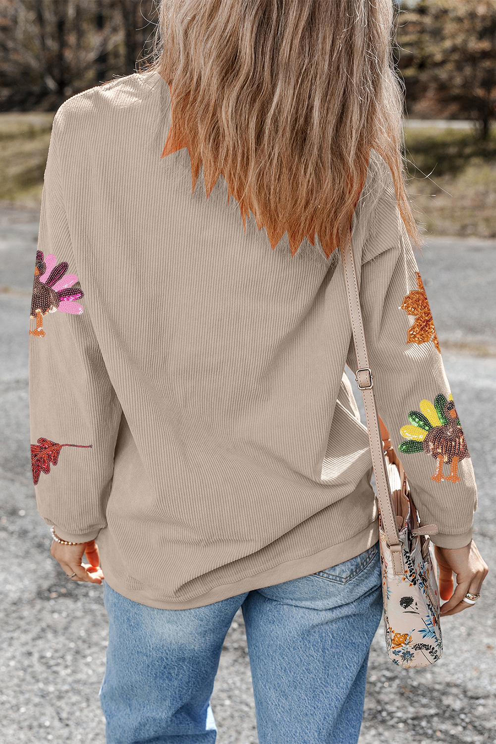 Smoke Gray 3D Ribbed Sequin Fall Leaf Turkey Graphic Baggy Sweatshirt - loveforevers