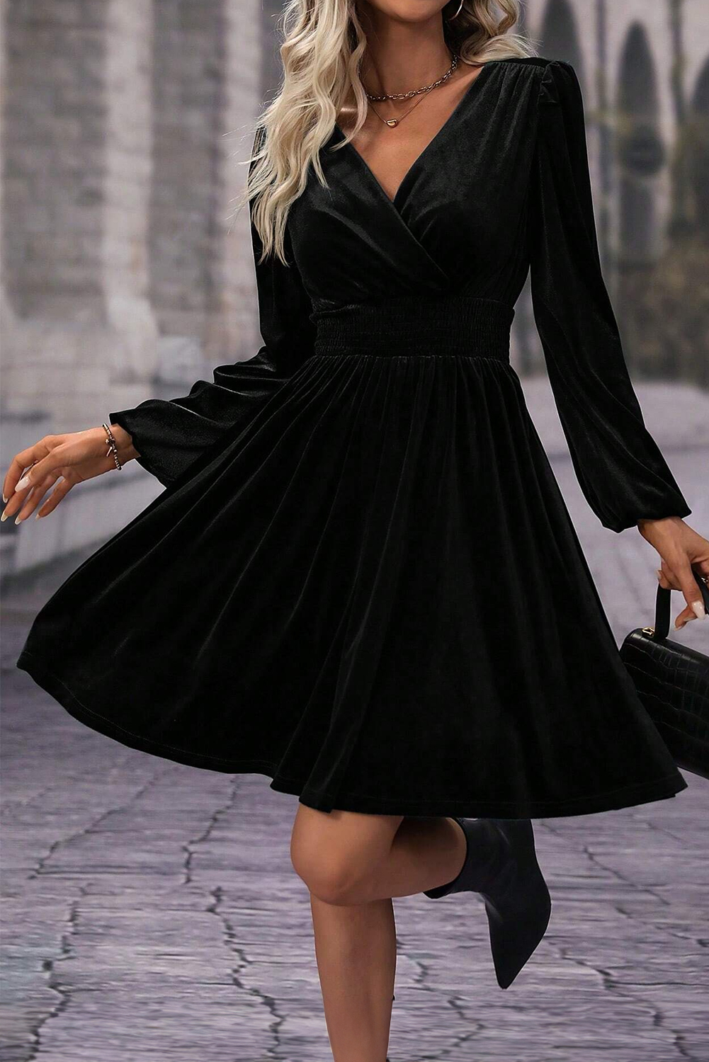 Black Velvet Long Sleeve Surplice High Waist Mini Dress - loveforevers