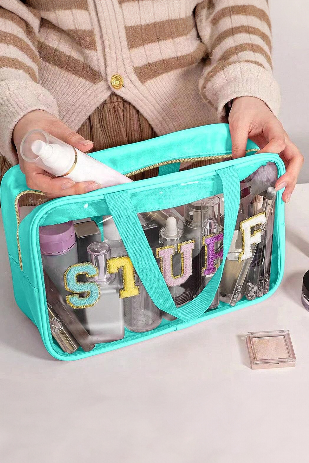 Light Pink TRAVEL Chenille Letter Clear PVC Makeup Bag - loveforevers