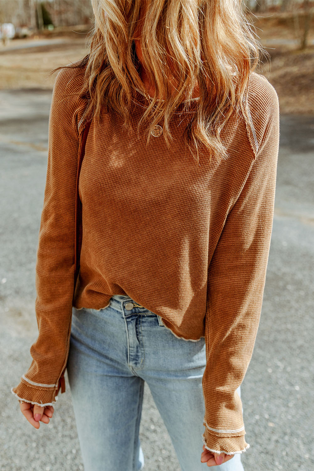 Smoke Gray Textured Round Neck Long Sleeve Top - loveforevers