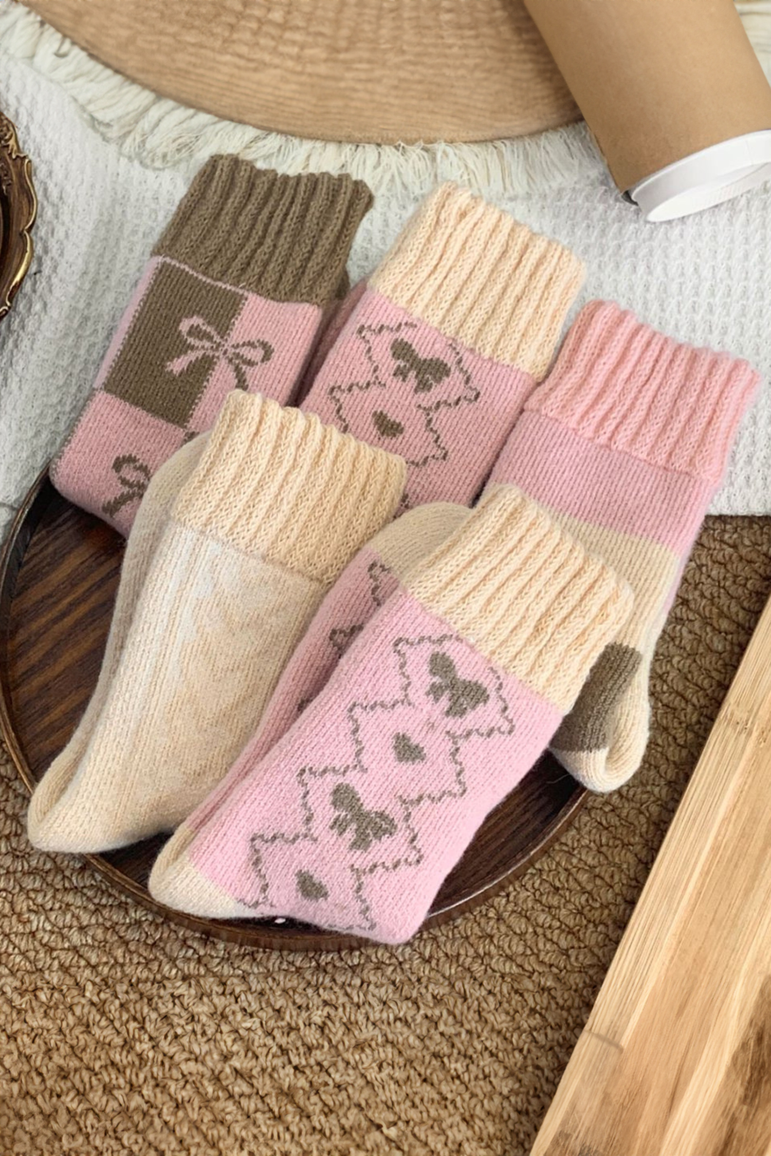 Pink Geometric Bow Heart Printed Ribbed Cuffs Winter Socks - loveforevers