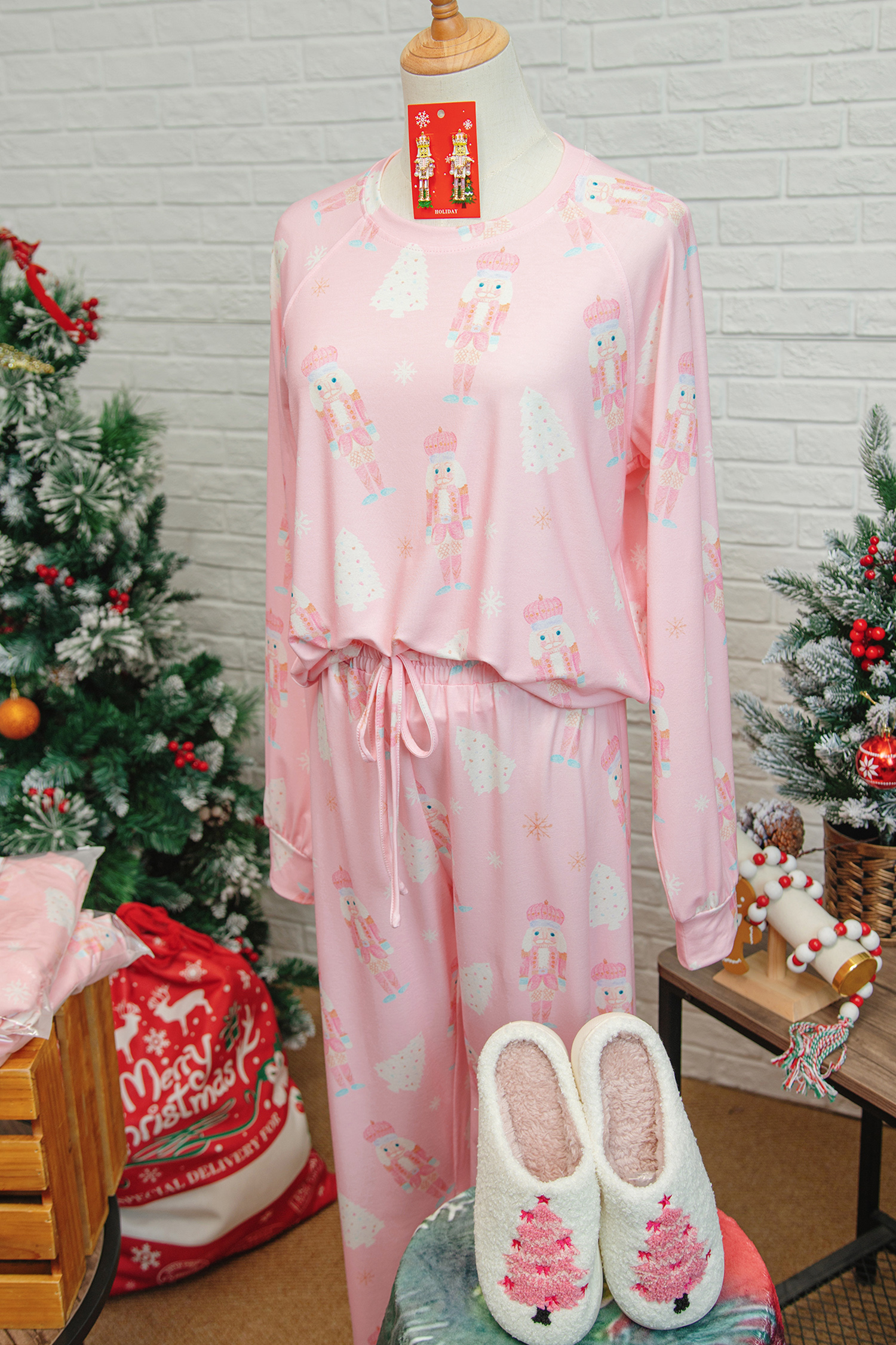 Pink Christmas Tree Nutcracker Print 2pcs Lounge Pant Set - loveforevers