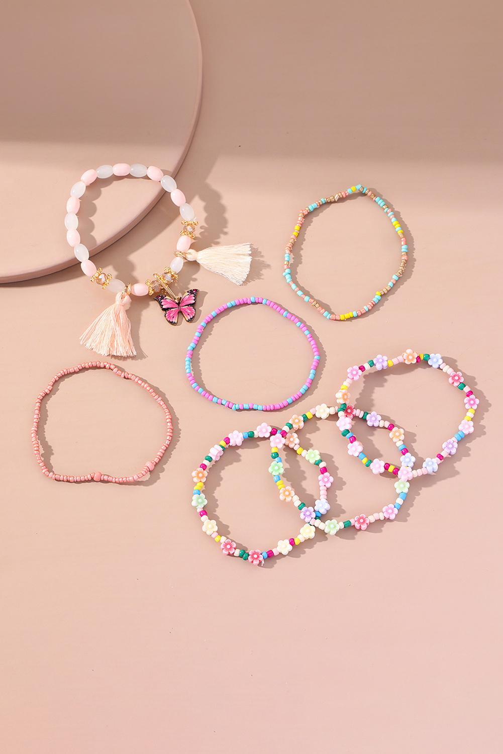 Peach Blossom 7pcs Handmade Beaded Bohemian Style Butterfly Tassel Bracelet Set - loveforevers