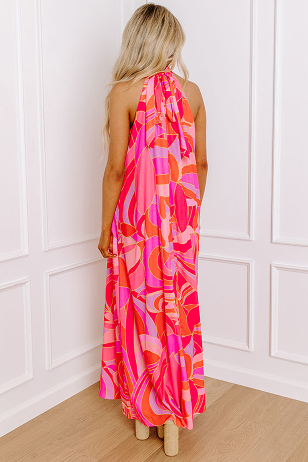 Rose Abstract Printed High Neck Knotted Nape Sleeveless Maxi Dress - loveforevers