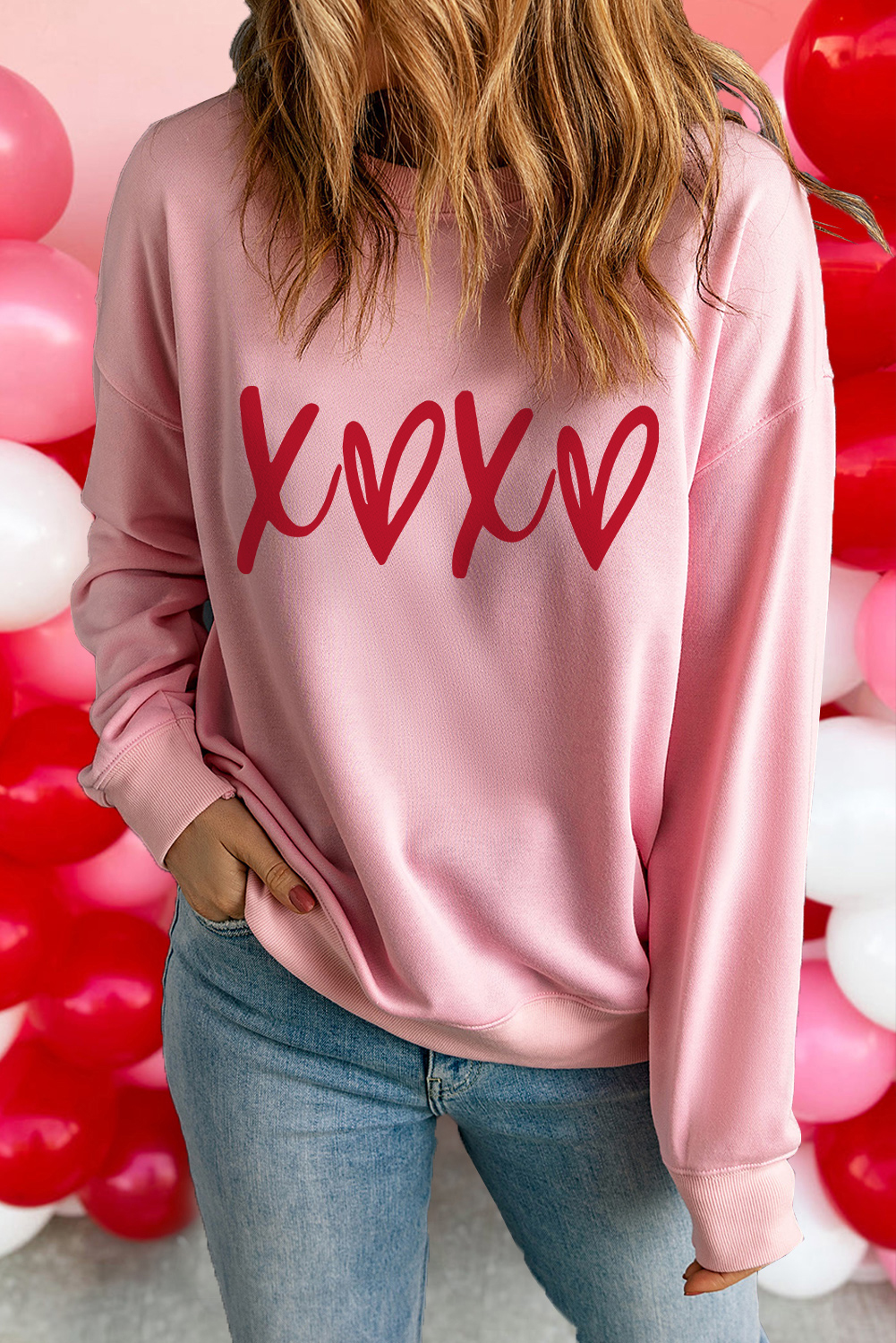 Pink Heart XOXO Graphic Crewneck Drop Shoulder Valentines Sweatshirt - loveforevers