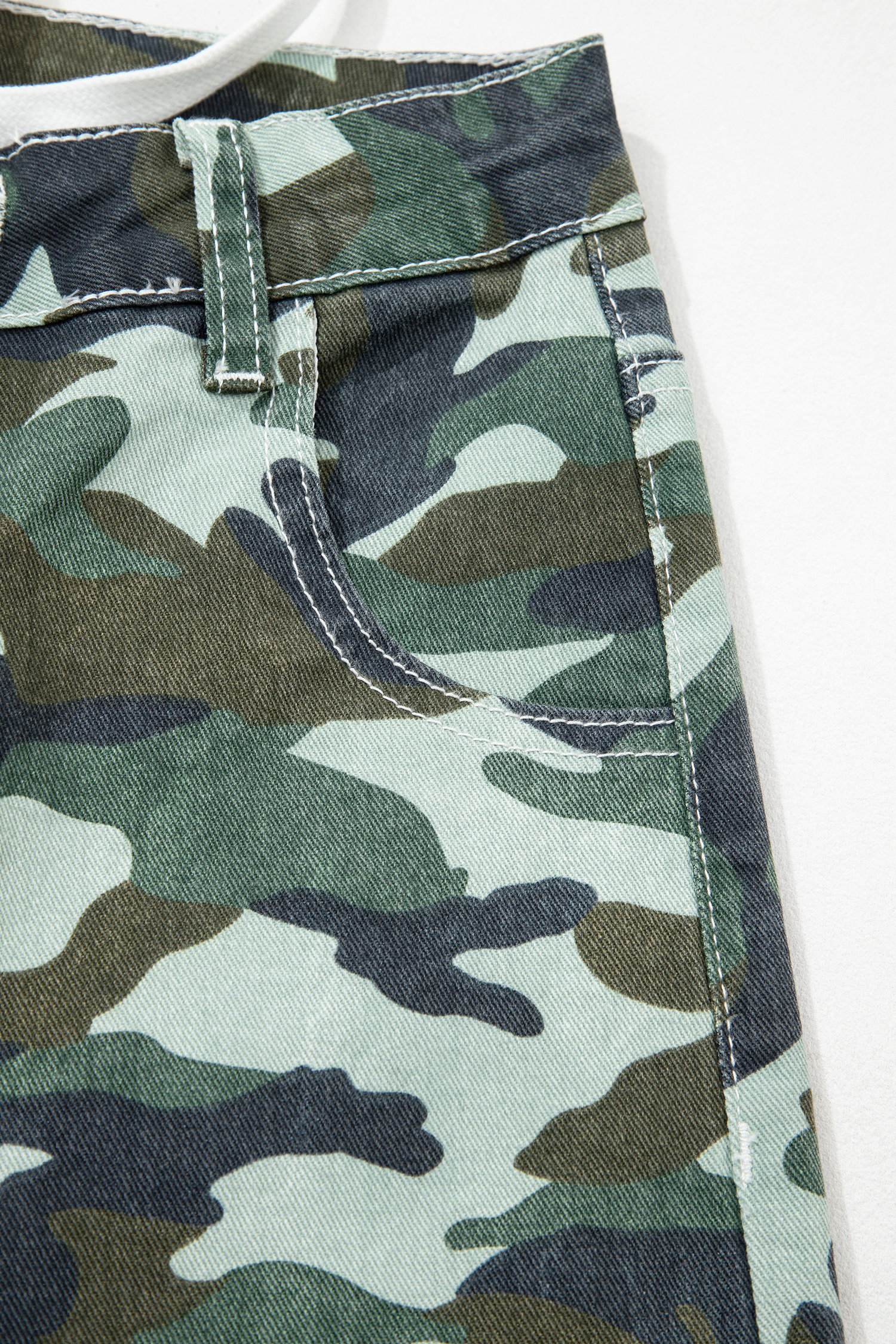 Green Camouflage Print Wide Leg Drawstring Denim Pants - loveforevers