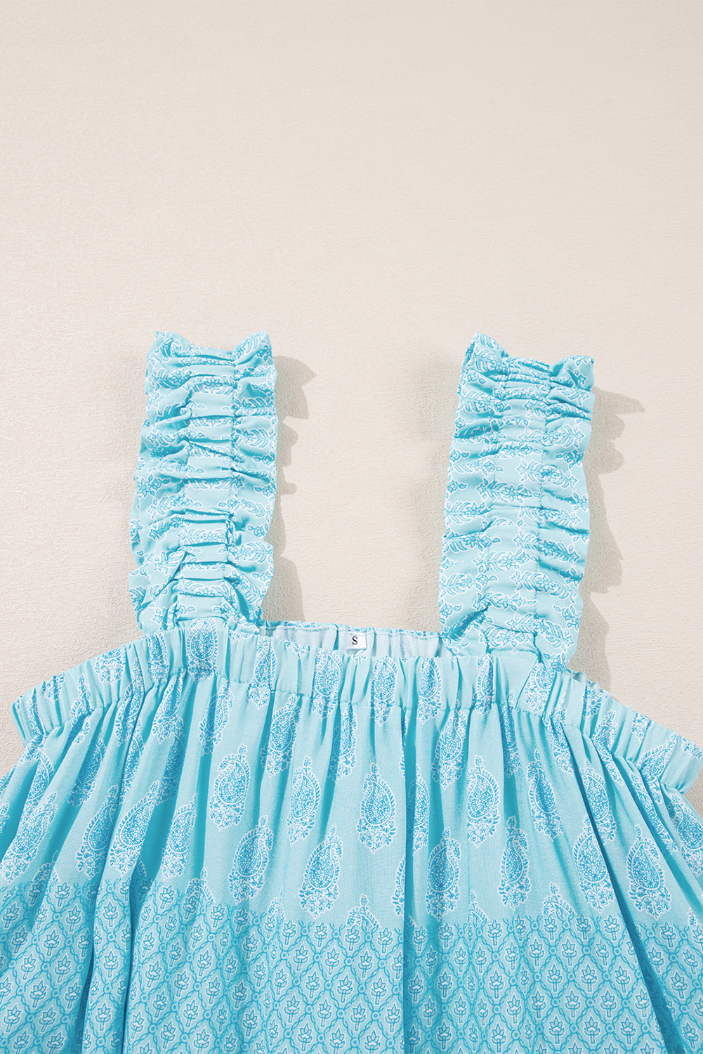 Sky Blue Tribal Pattern Print Ruffled Wide Straps Loose Tank Top - loveforevers