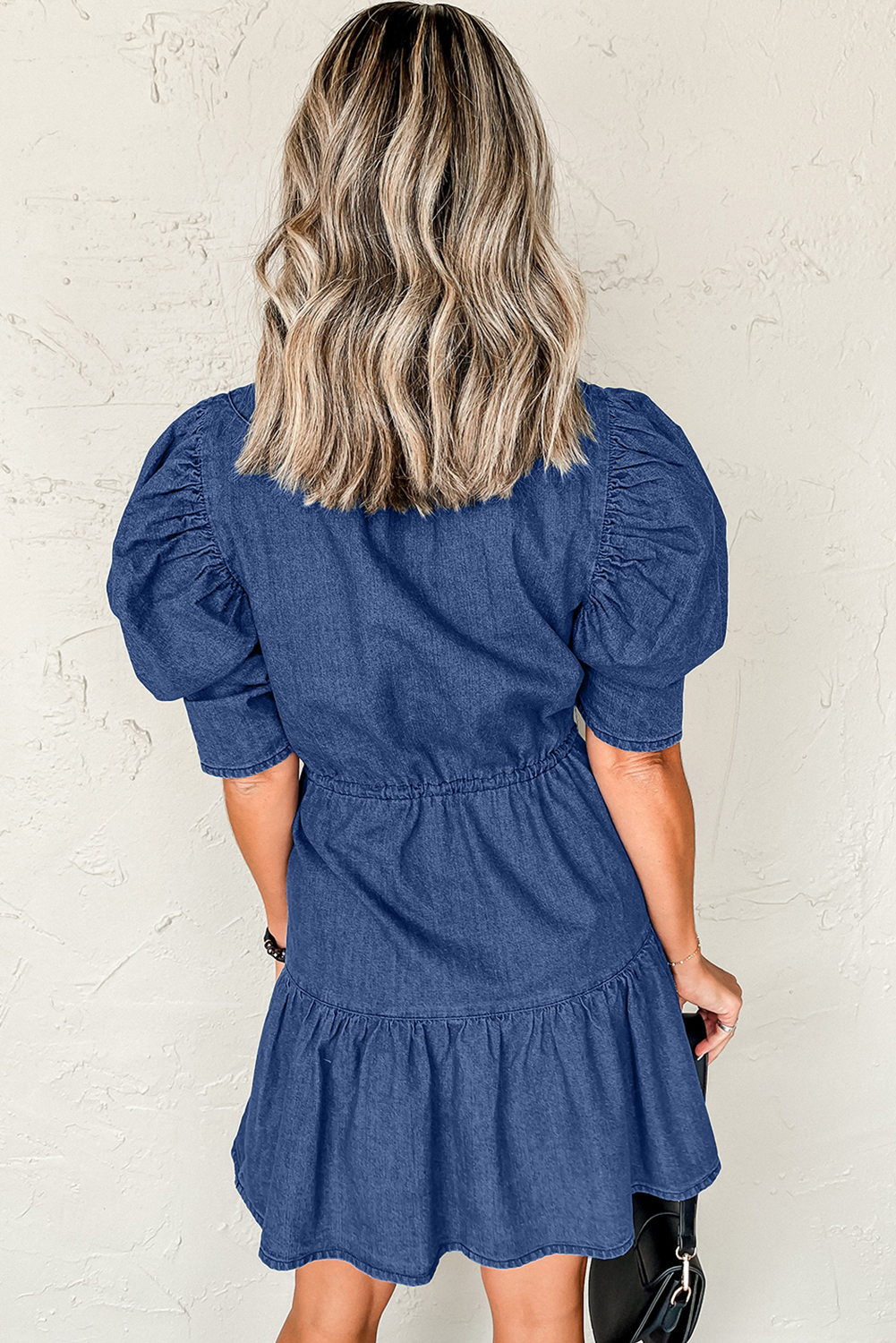 Blue Drawstring High Waist Puff Sleeve Denim Mini Dress - loveforevers