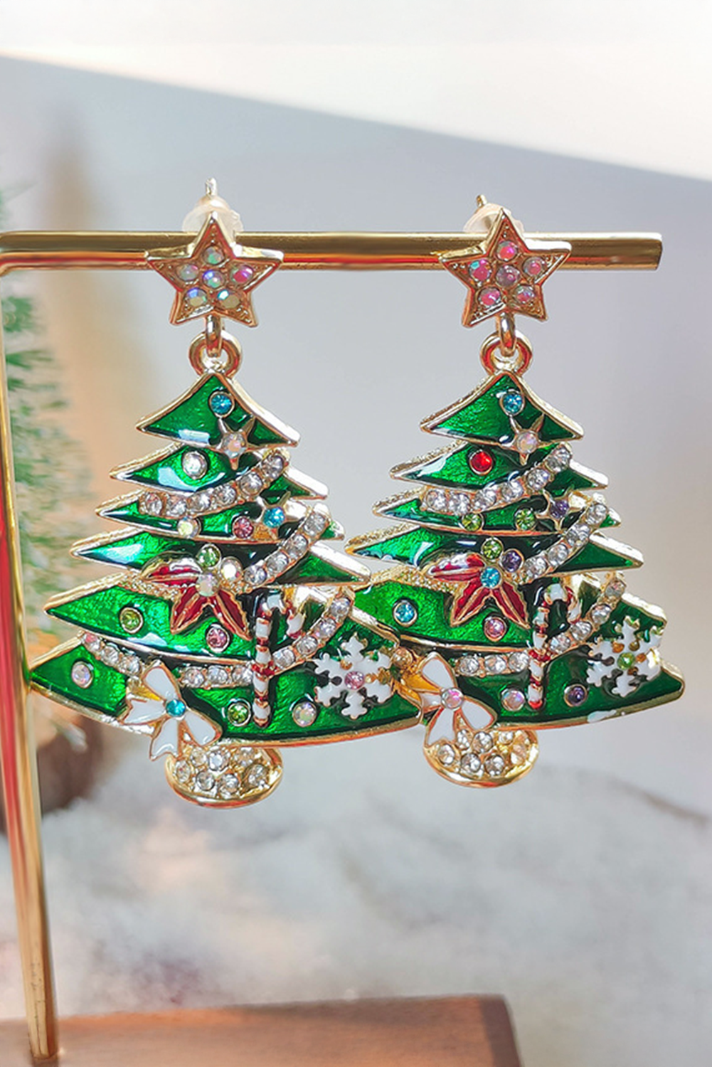 Bright Green Rhinestone Embellished Star Christmas Tree Earrings - loveforevers