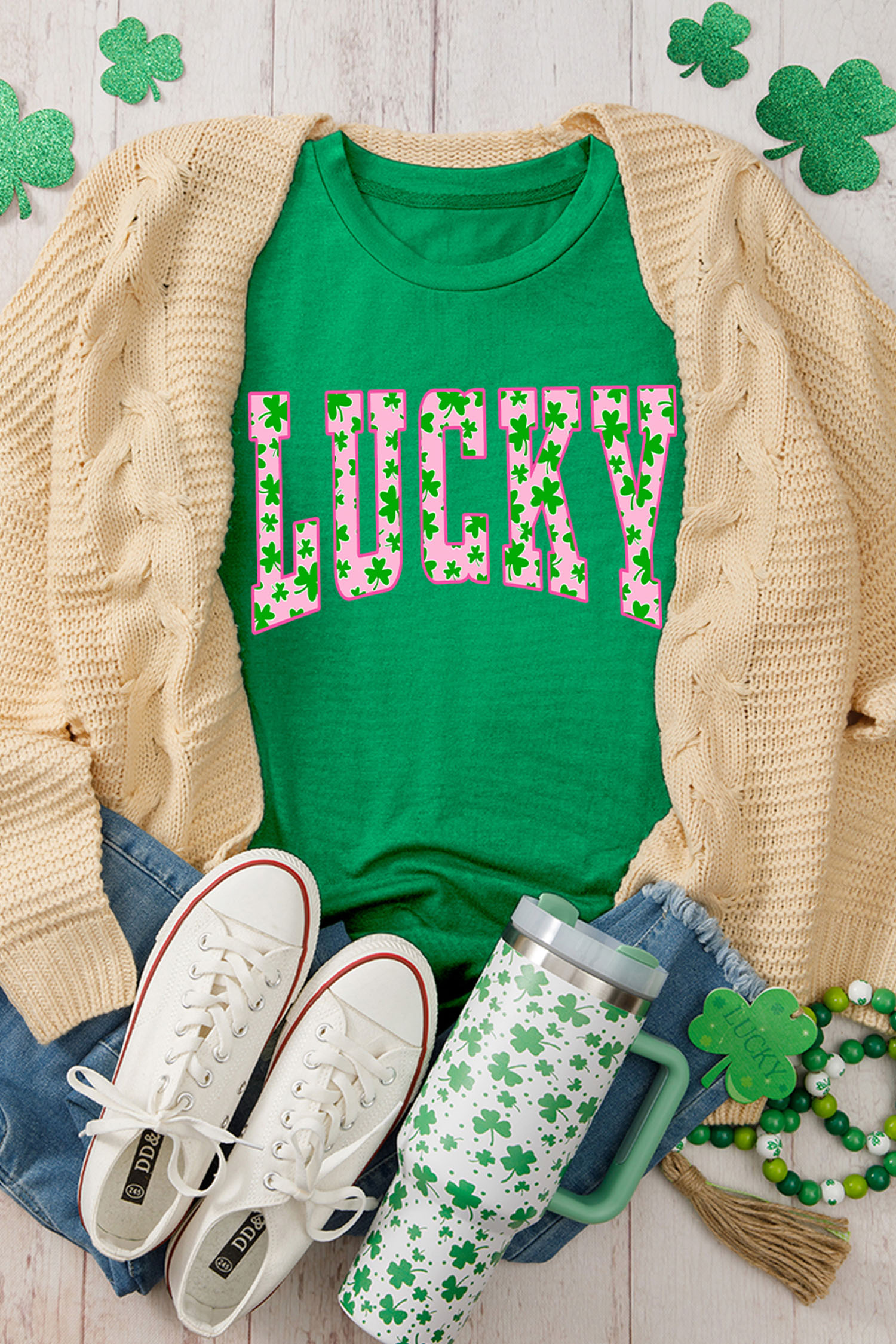 Bright Green LUCKY Clover Letter Printed Crew Neck T Shirt - loveforevers