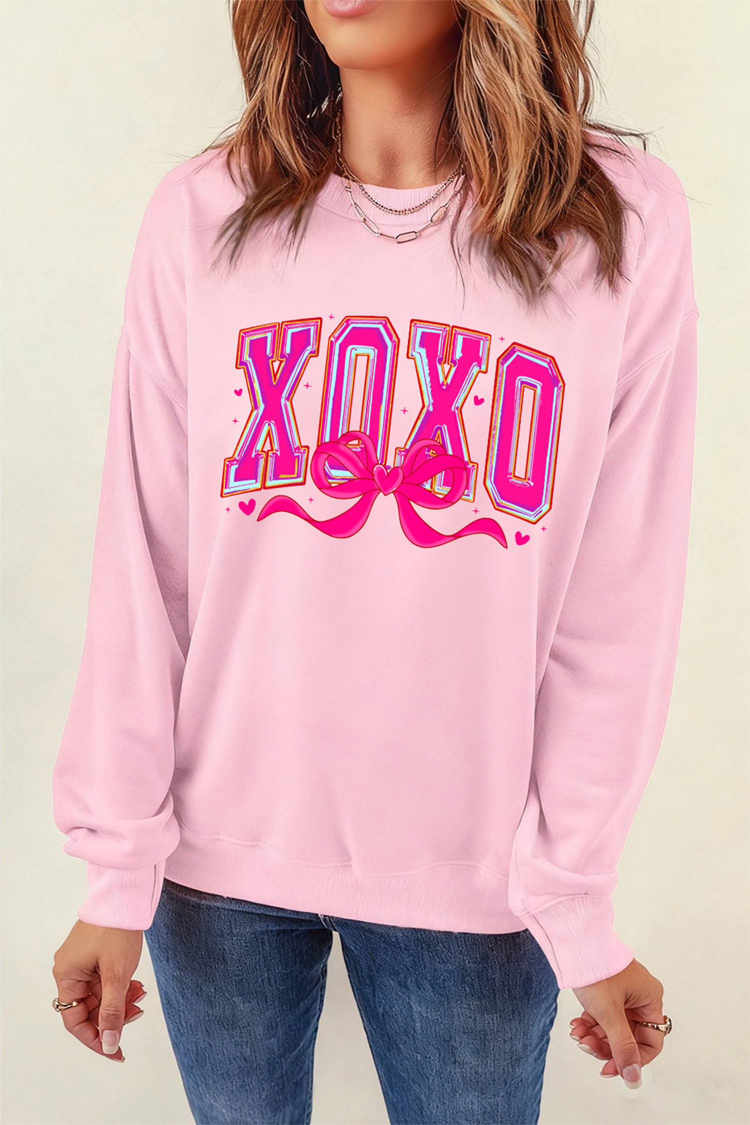 Pink XOXO Valentines Day Heart Ribbon Bow Printed Pullover Sweatshirt - loveforevers