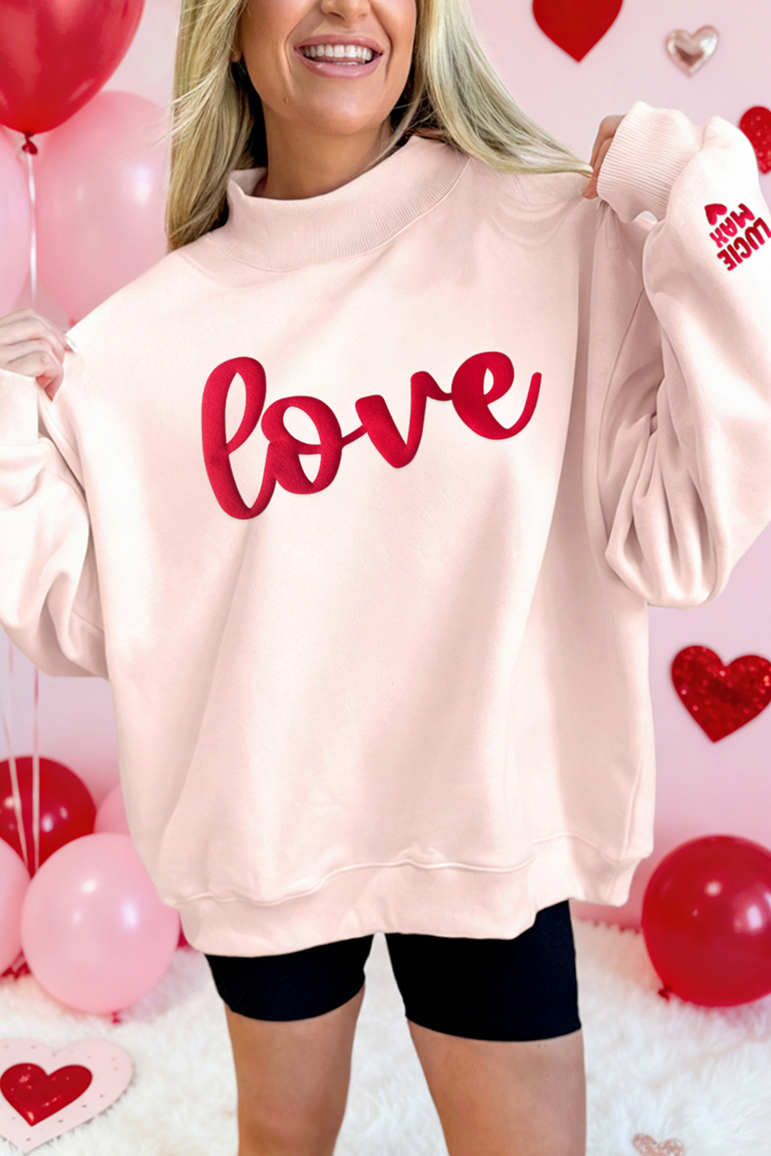 Apricot Pink Valentines Day Love LUCIE MAX Puffy Letter Print Mock Neck Sweatshirt - loveforevers