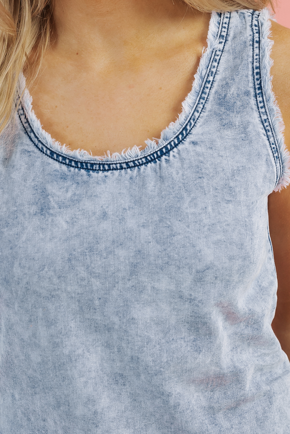 Beau Blue Mineral Wash Denim Frayed U Neck Sleeveless Top - loveforevers