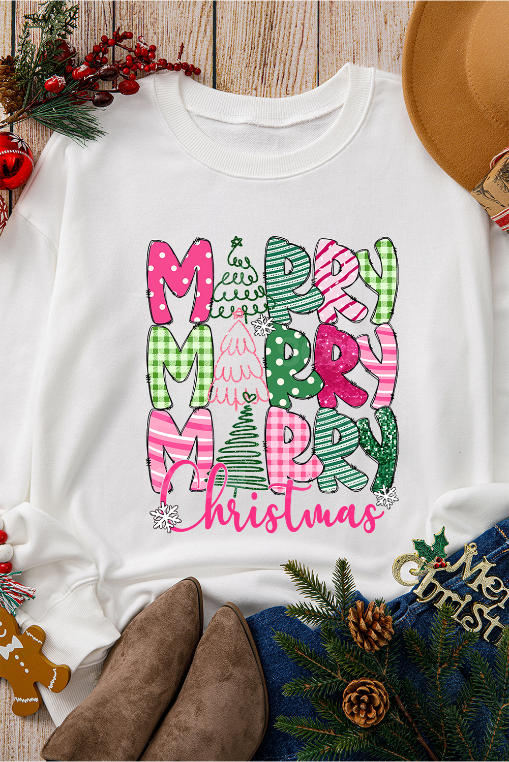 Beige MERRY Christmas Printed Drop Shoulder Pullover Sweatshirt - loveforevers