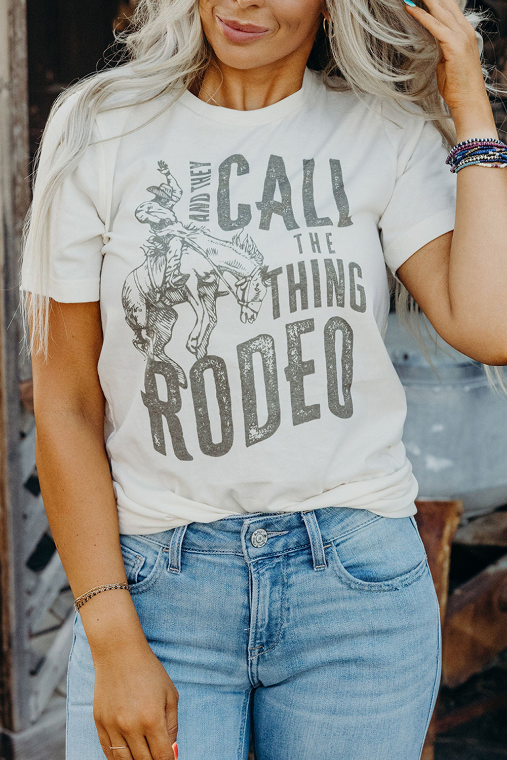 White AND THEY CALL THE THING RODEO Print Round Neck T Shirt - loveforevers