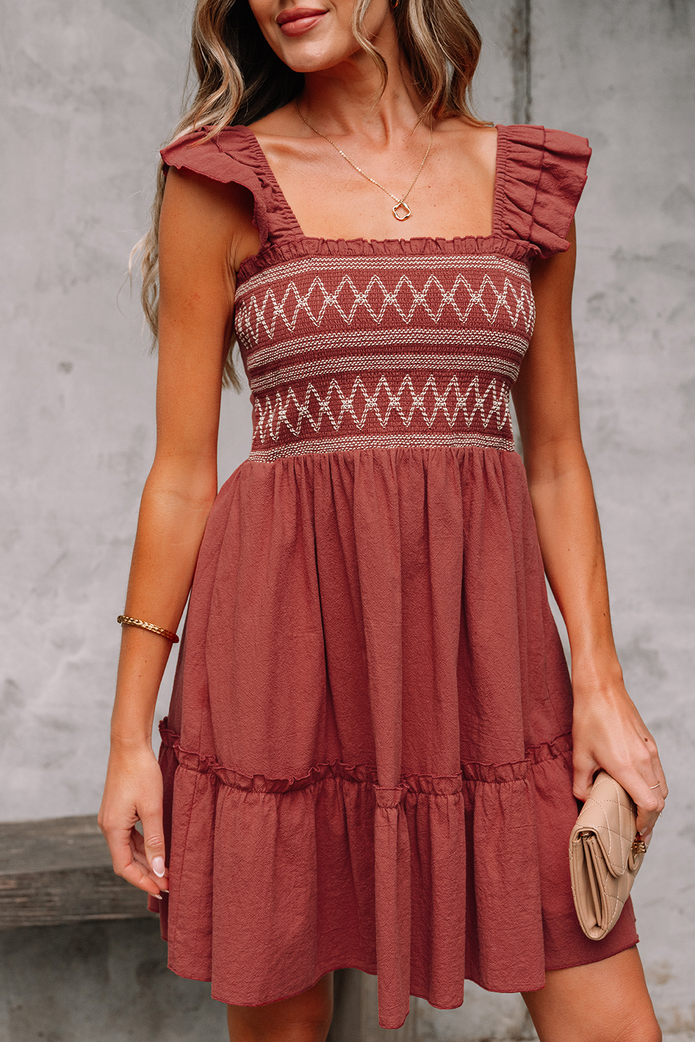 Red Sandalwood Geometric Stitch Shirred Bodice Ruffled Trim Sleeveless Mini Dress - loveforevers