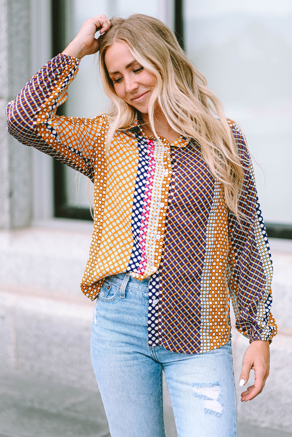 Brown Dot Print Long Sleeve Button Down Shift Shirt - loveforevers