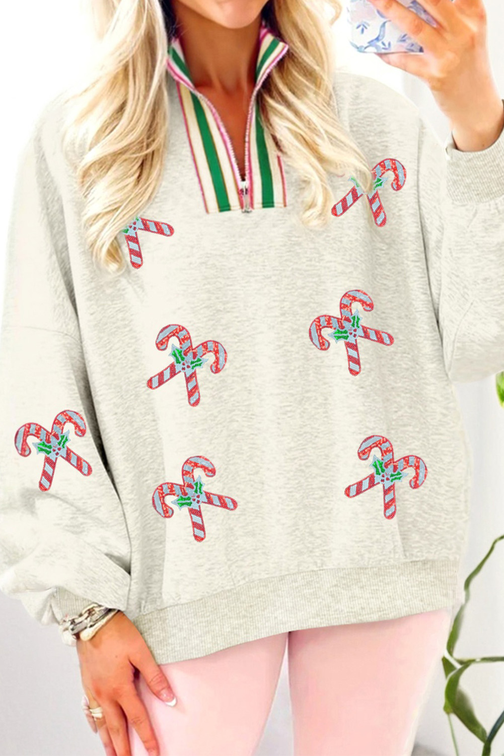Light Grey Sequin Candy Canes Contrast Collar Patchwork Loose Sweatshirt - loveforevers