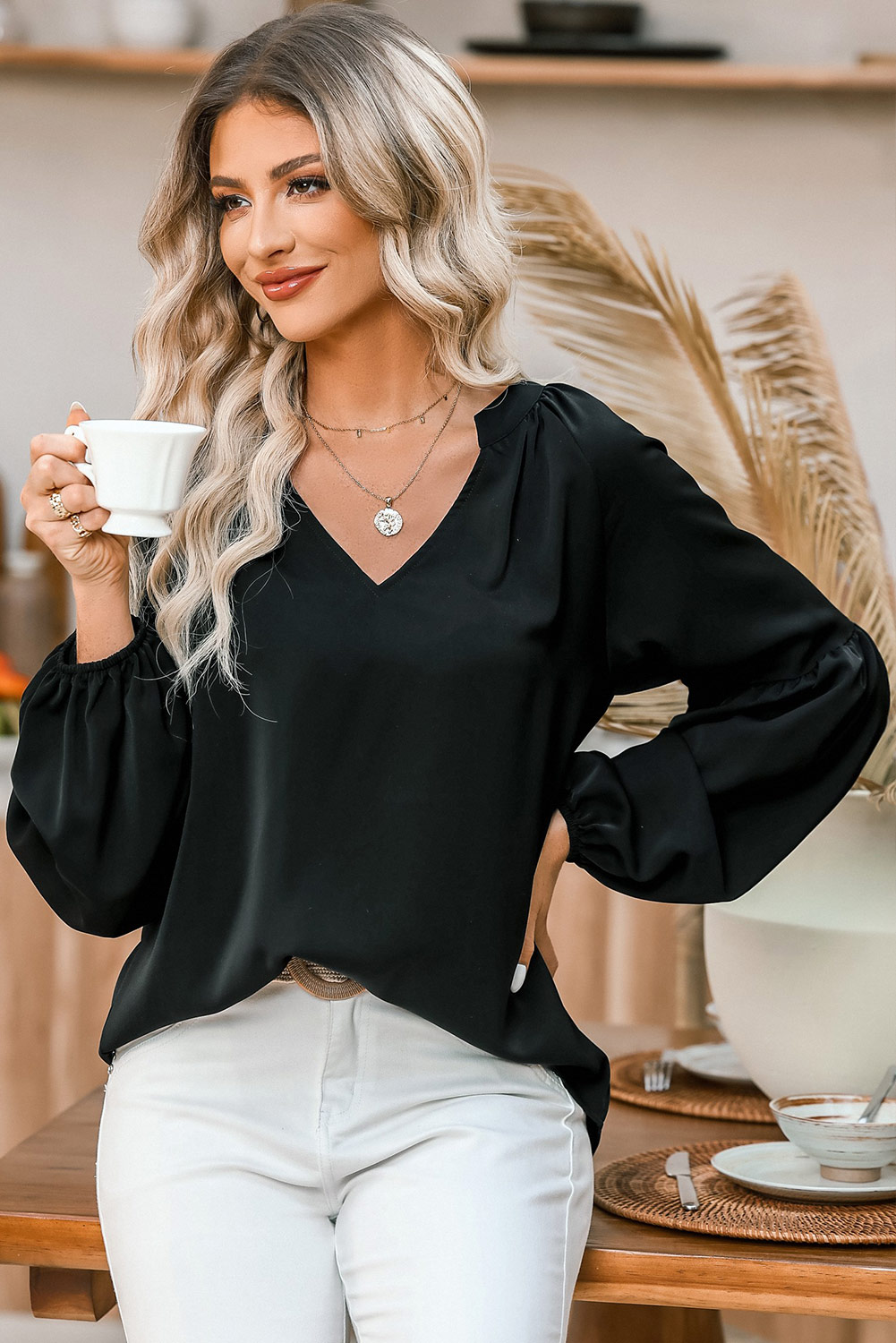 Black V Neck Long Puff Sleeve Top - loveforevers