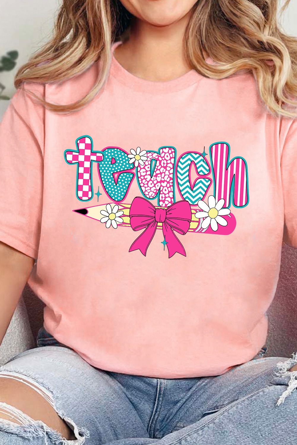 Pink Preppy Retro Checkered Coquette Teach Graphic T-Shirt - loveforevers