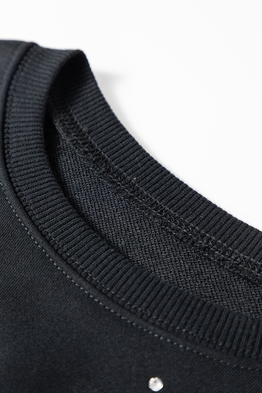 Black Rhinestone Embellished Drop Shoulder Ribbed Cuffs Wholesale Sweatshirt - loveforevers