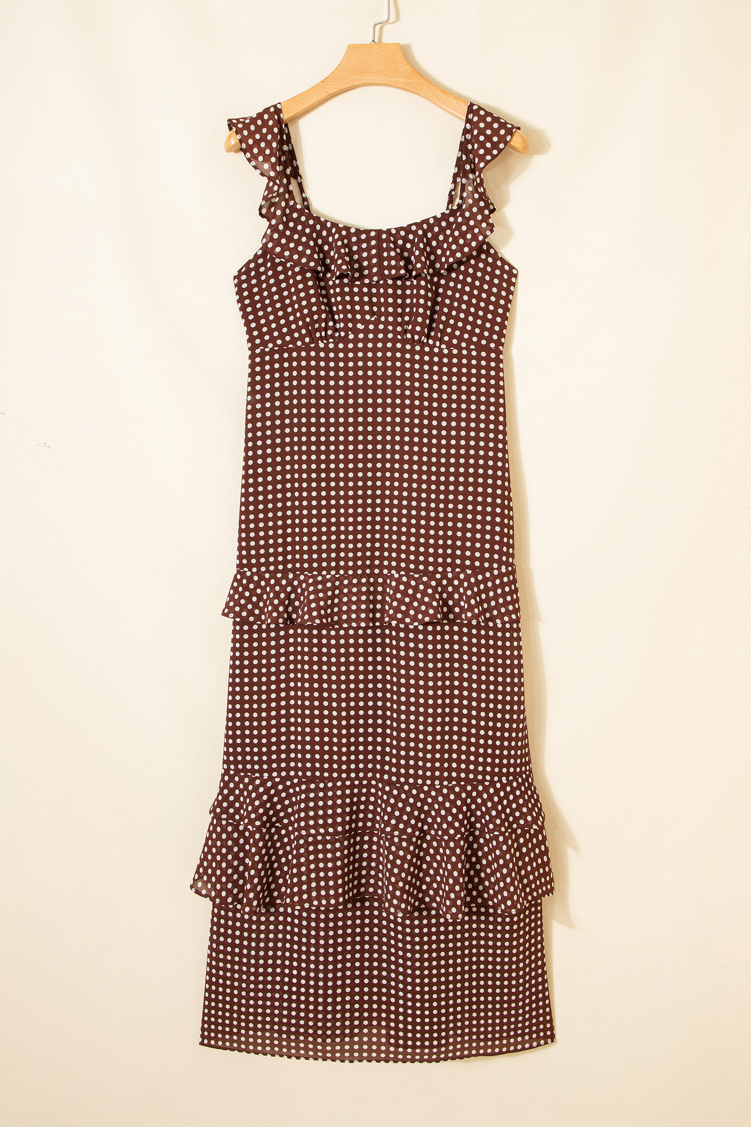 Coffee Polka Dot Print Backless Ruffled Tiered Maxi Dress - loveforevers