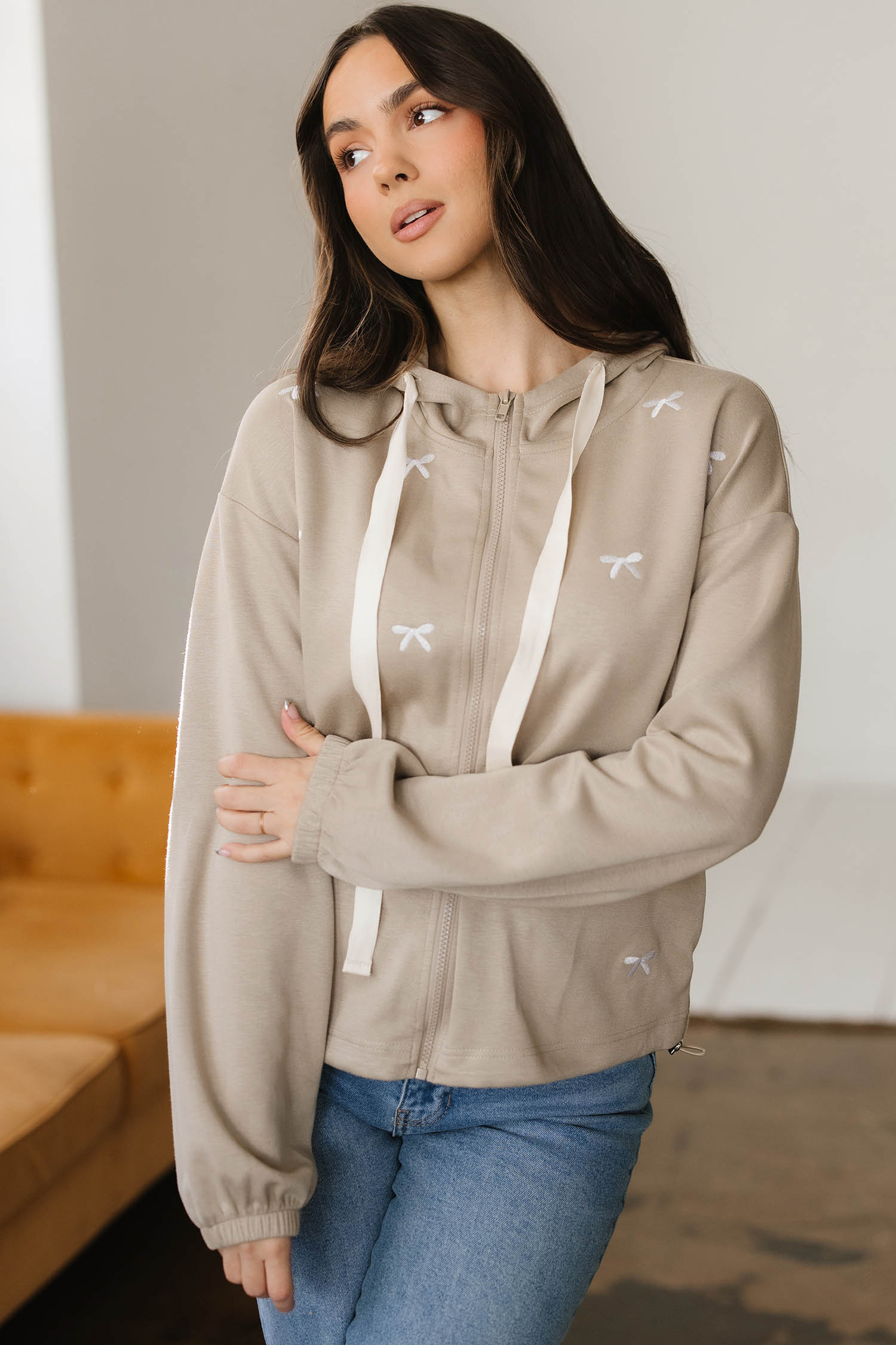 Goat Contrast Bow Embroidered Zip Up Jacket Hoodie - loveforevers