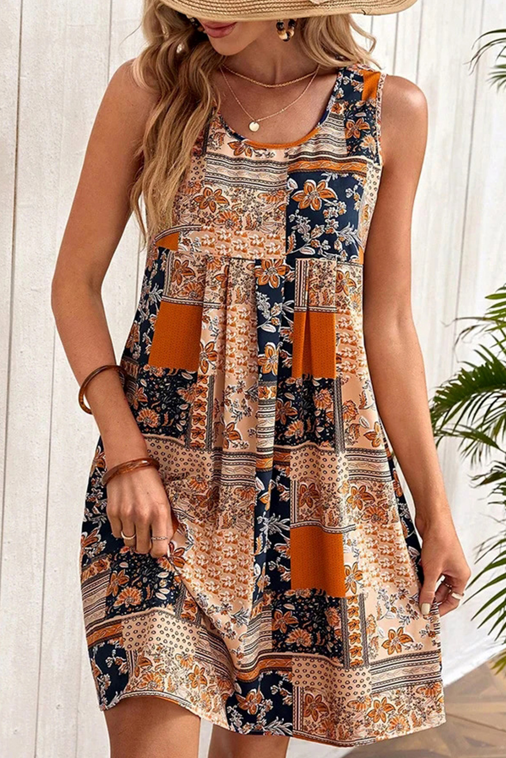 Orange Retro Floral Patchwork Print Sleeveless Mini Dress - loveforevers
