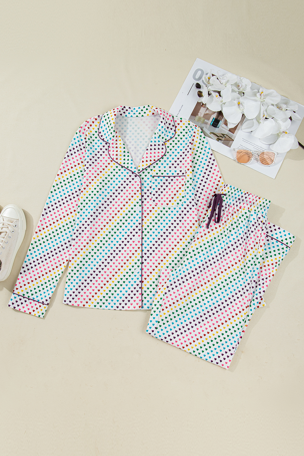White Pride Heart Print Valentines Long 2pcs Pajama Set - loveforevers