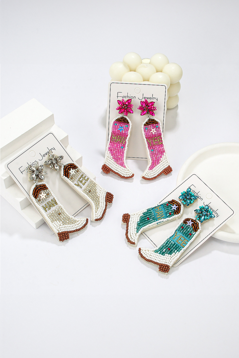 Light Blue Cowboy Boots Rice Bead Dangle Earrings - loveforevers
