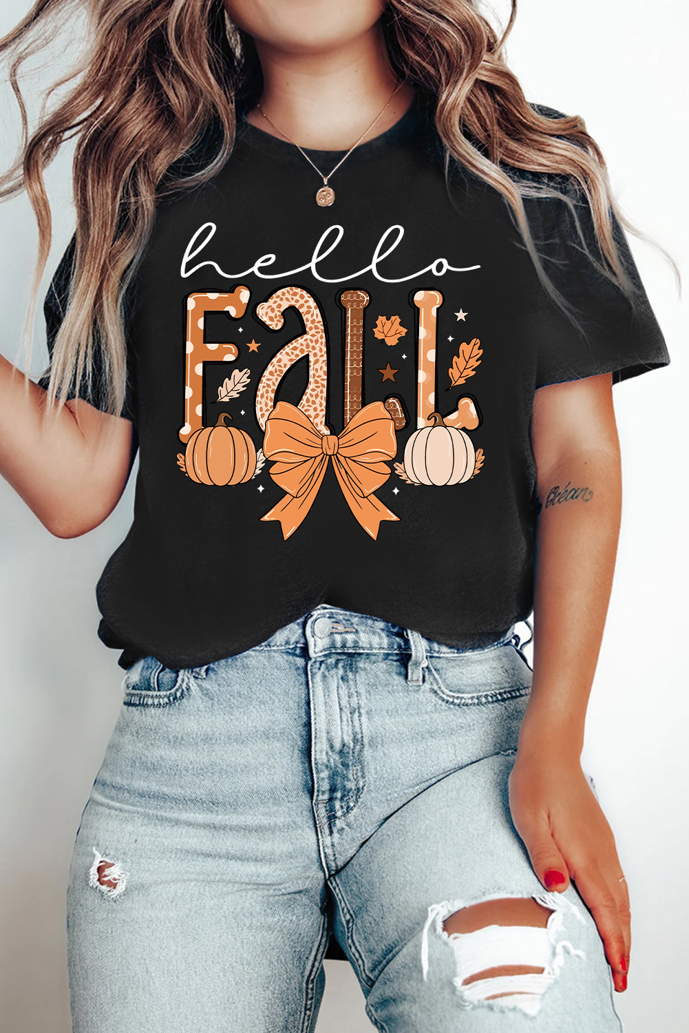 Black Hello Fall Thanksgiving Bow Pumpkin Graphic Tee - loveforevers