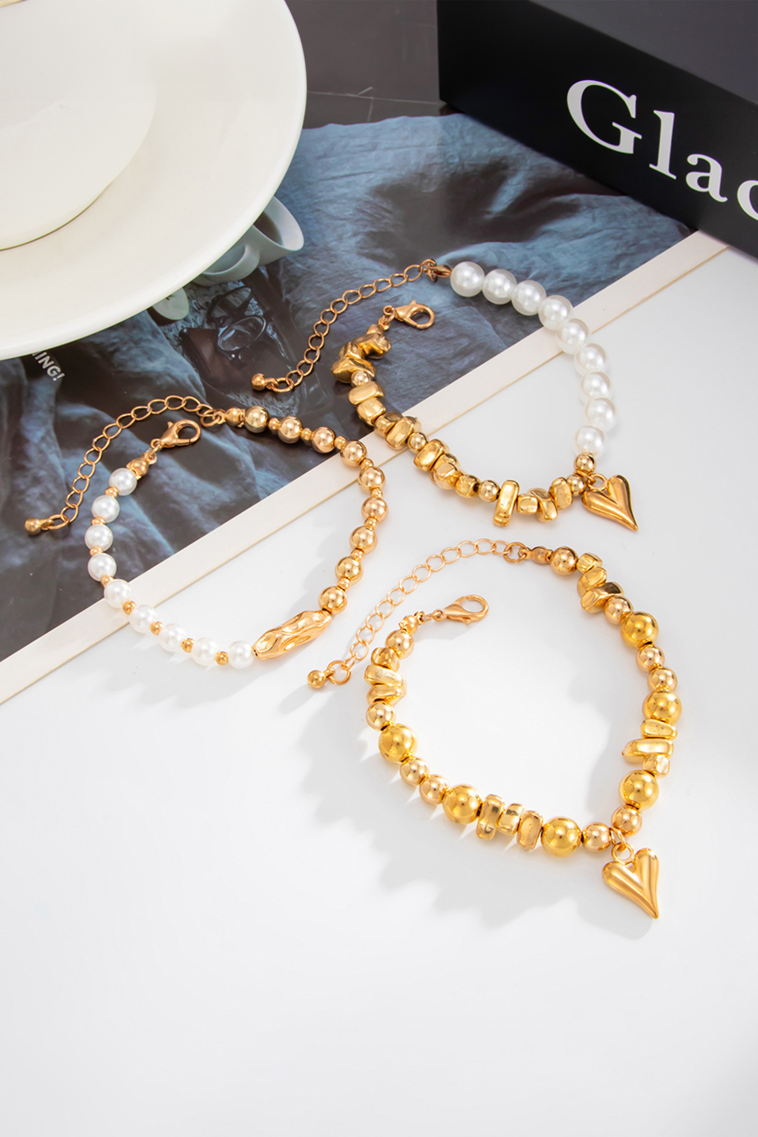 Gold 3pcs Irregular Beads Pearl Detail Bracelet Set - loveforevers