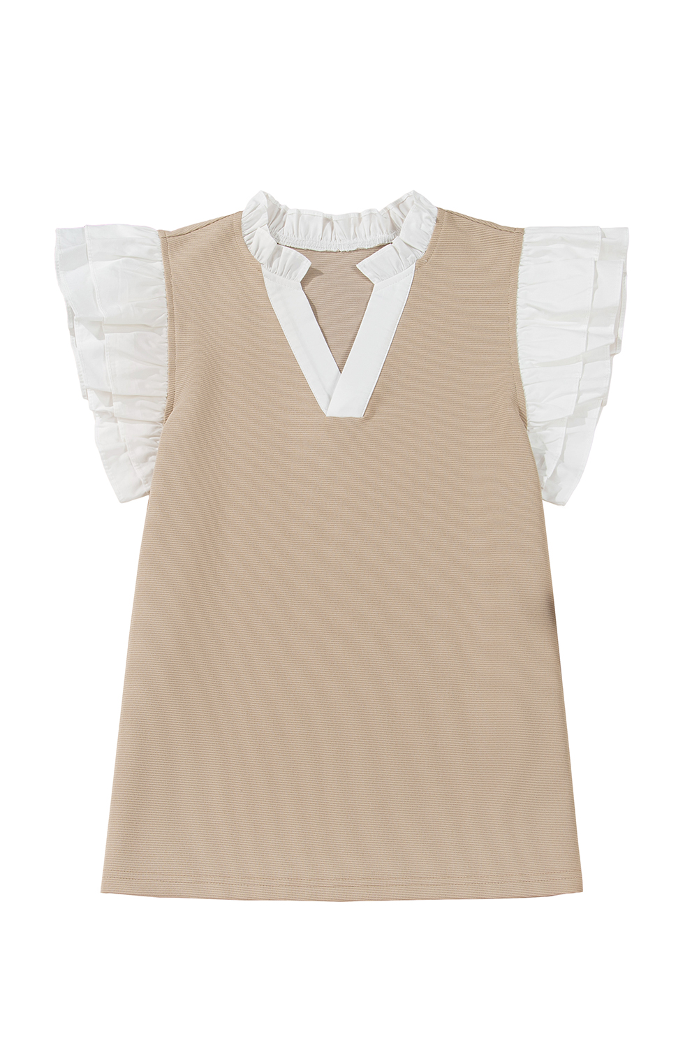 Pale Khaki Contrast V Neck Ruffled Textured Knit Top - loveforevers