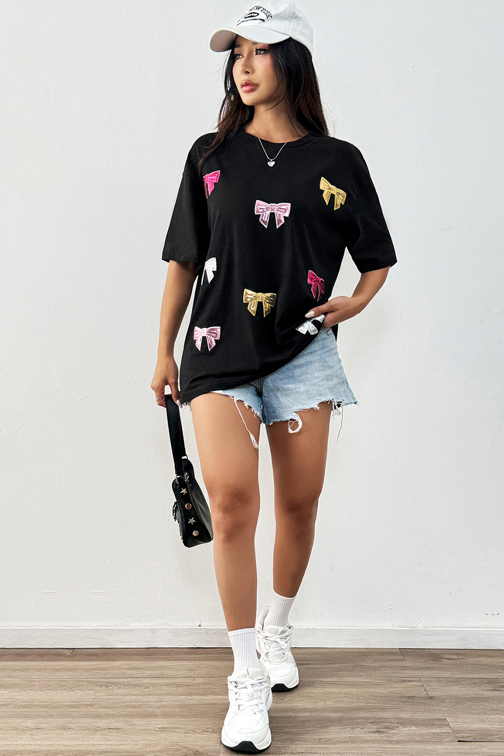 Black Shiny Bow Loose T Shirt - loveforevers