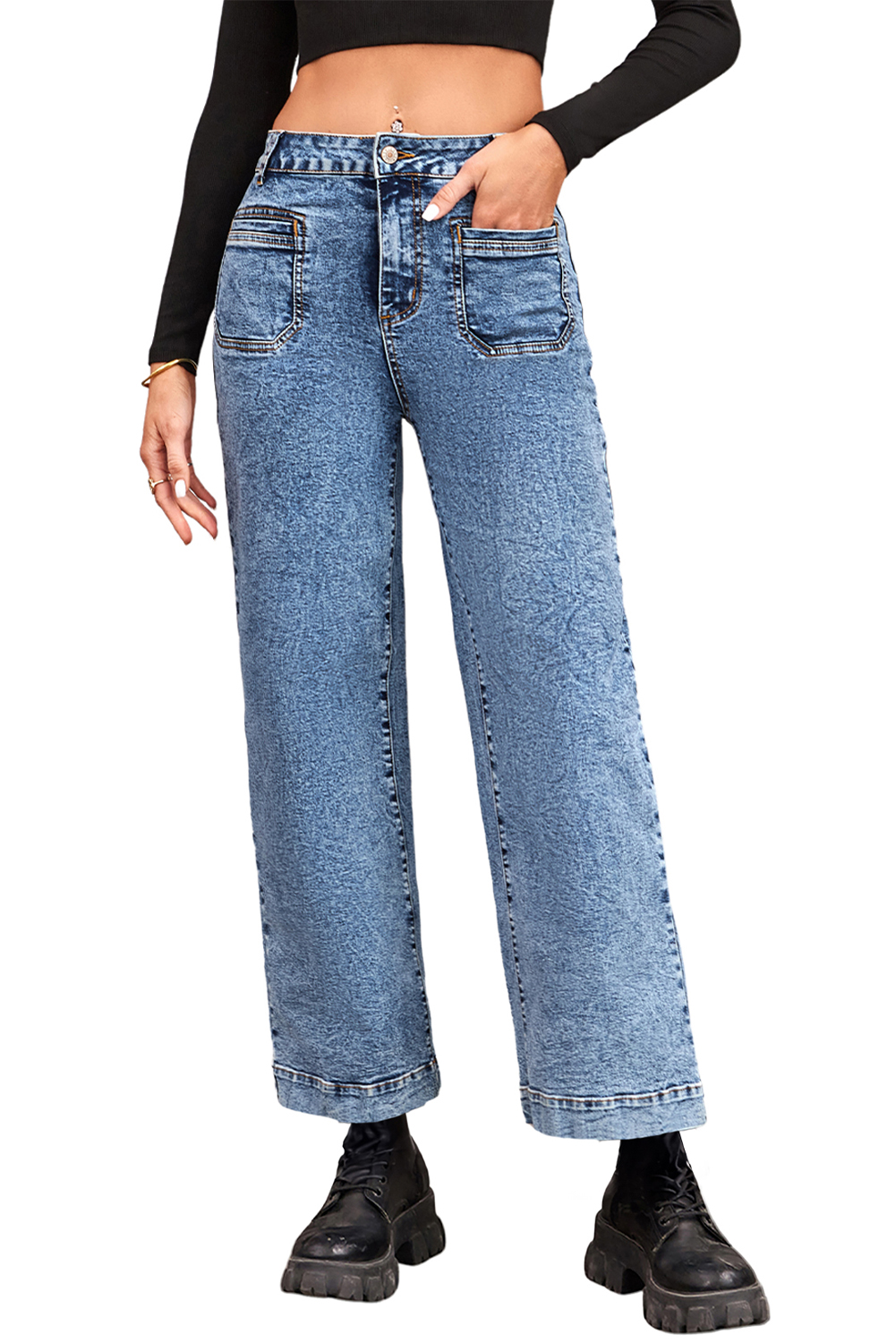 Light Blue Chic Patch Pocket Straight Leg Loose Jeans - loveforevers