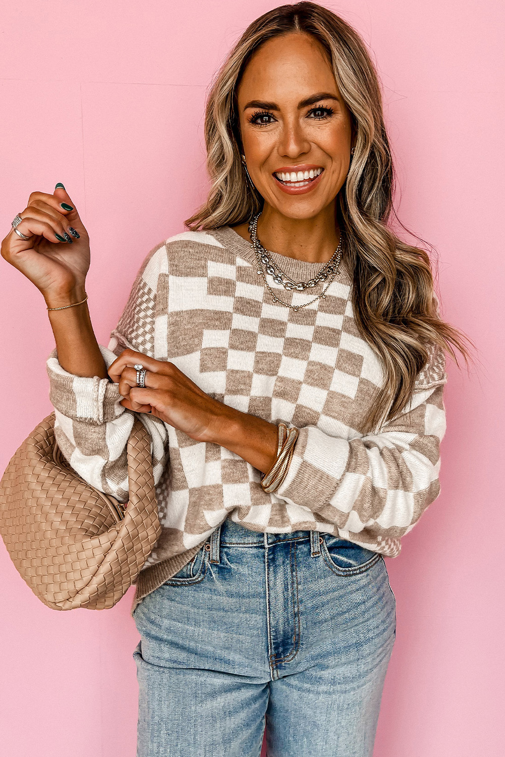Khaki Checkered Print Drop Shoulder Round Neck Sweater - loveforevers