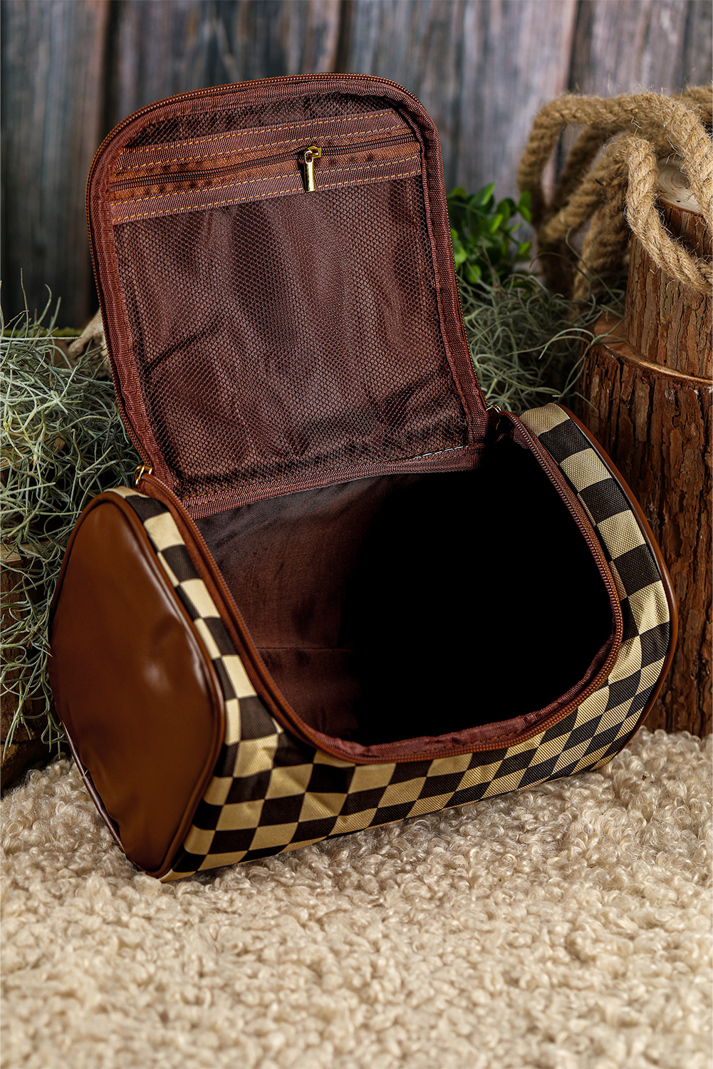 Black Checkered PU Leather Zipper Makeup Bag - loveforevers