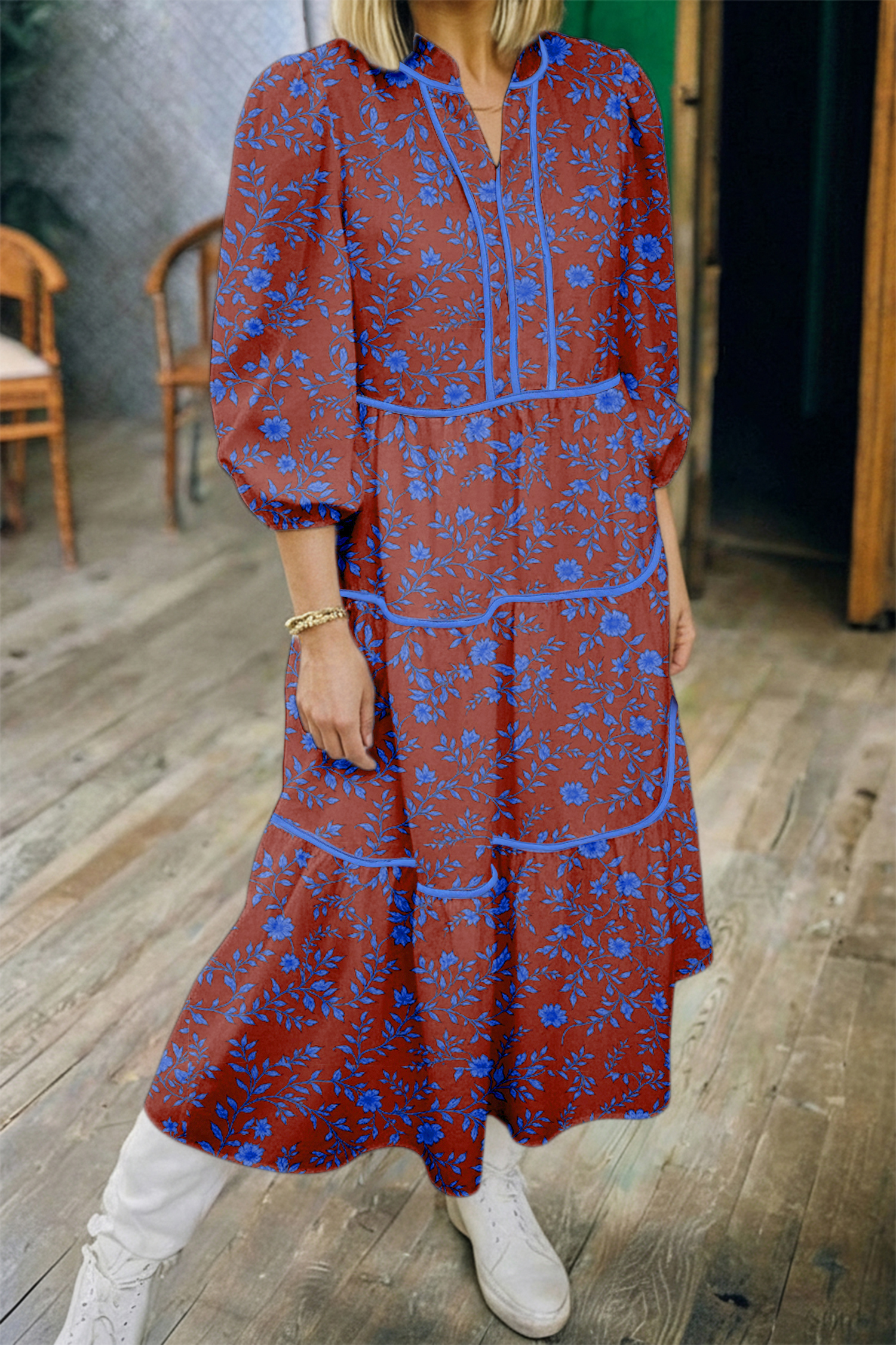 Brown 3/4 Puff Sleeve Tiered Loose Floral Dress - loveforevers