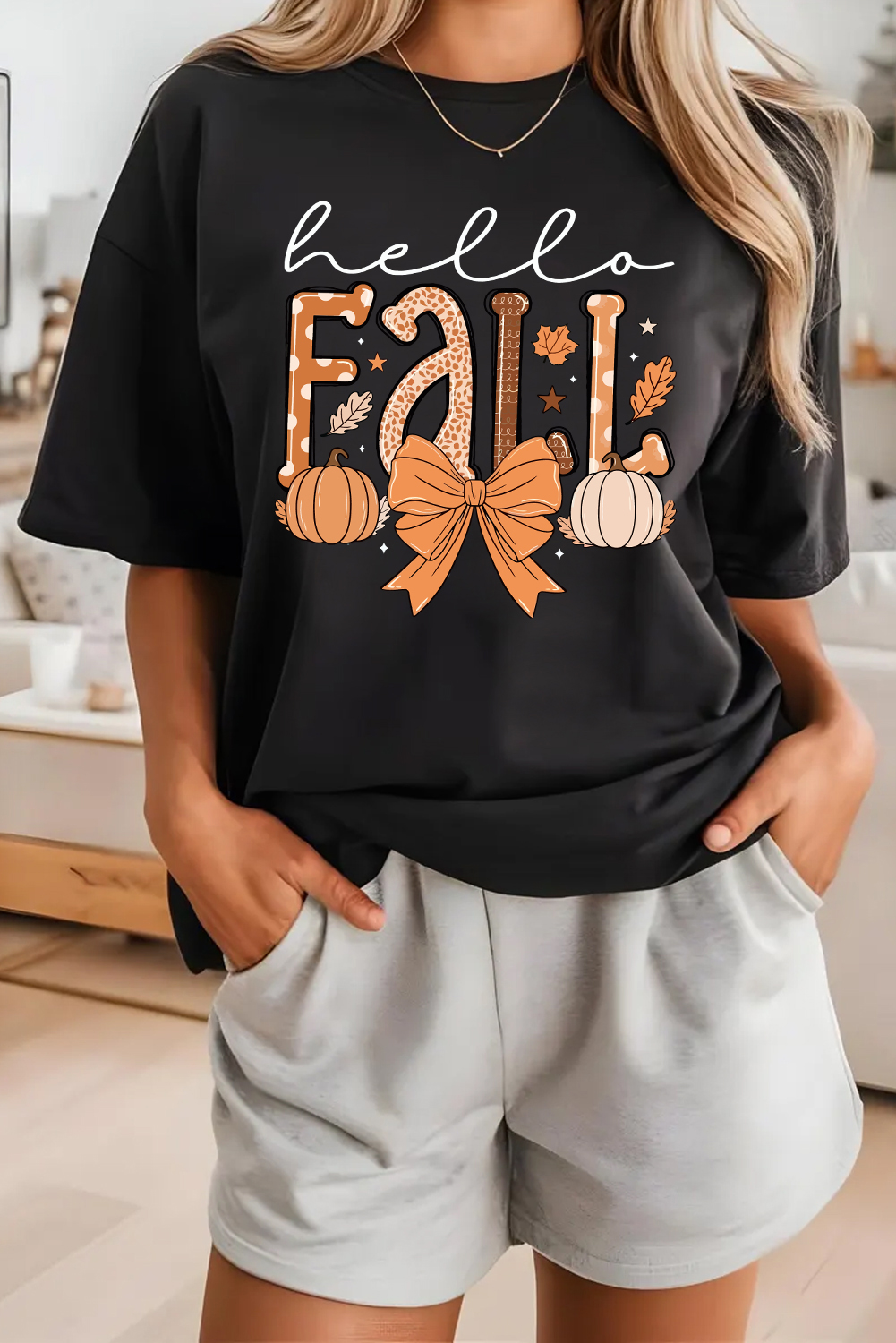 Black Hello Fall Thanksgiving Bow Pumpkin Graphic Tee - loveforevers