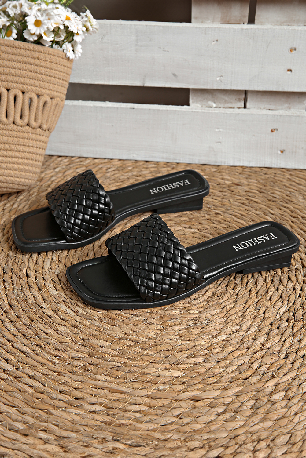 Black Braided Wide Band Square Toe Slippers - loveforevers