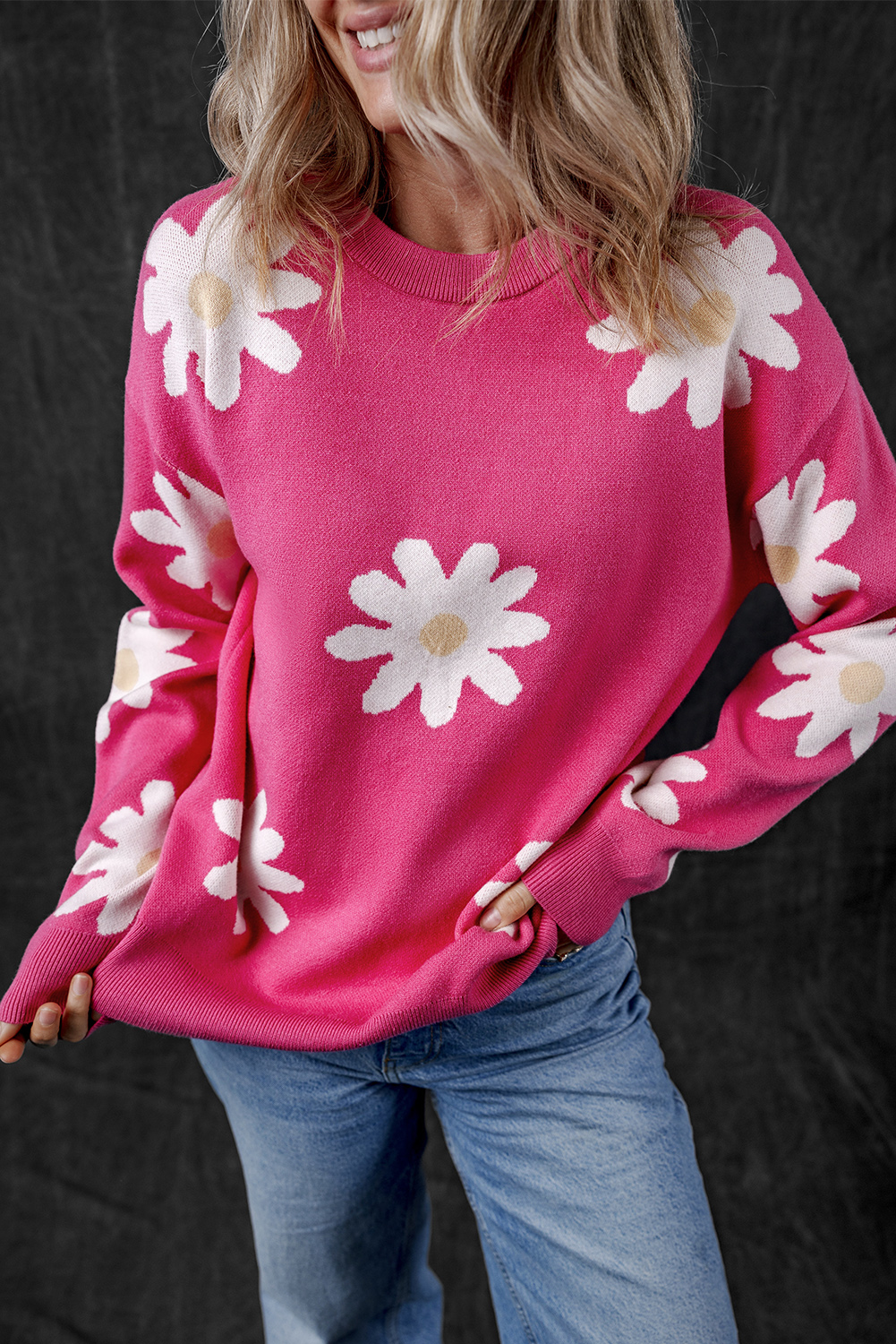Bright Pink Daisy Flower Crew Neck Long Sleeve Sweater - loveforevers