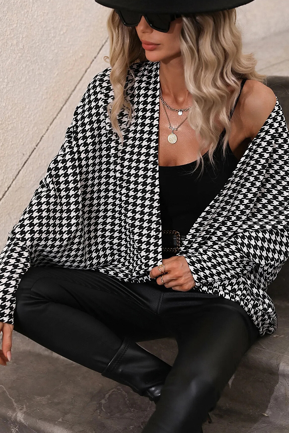 Black Houndstooth Print Open Front Long Dolman Kimonos - loveforevers