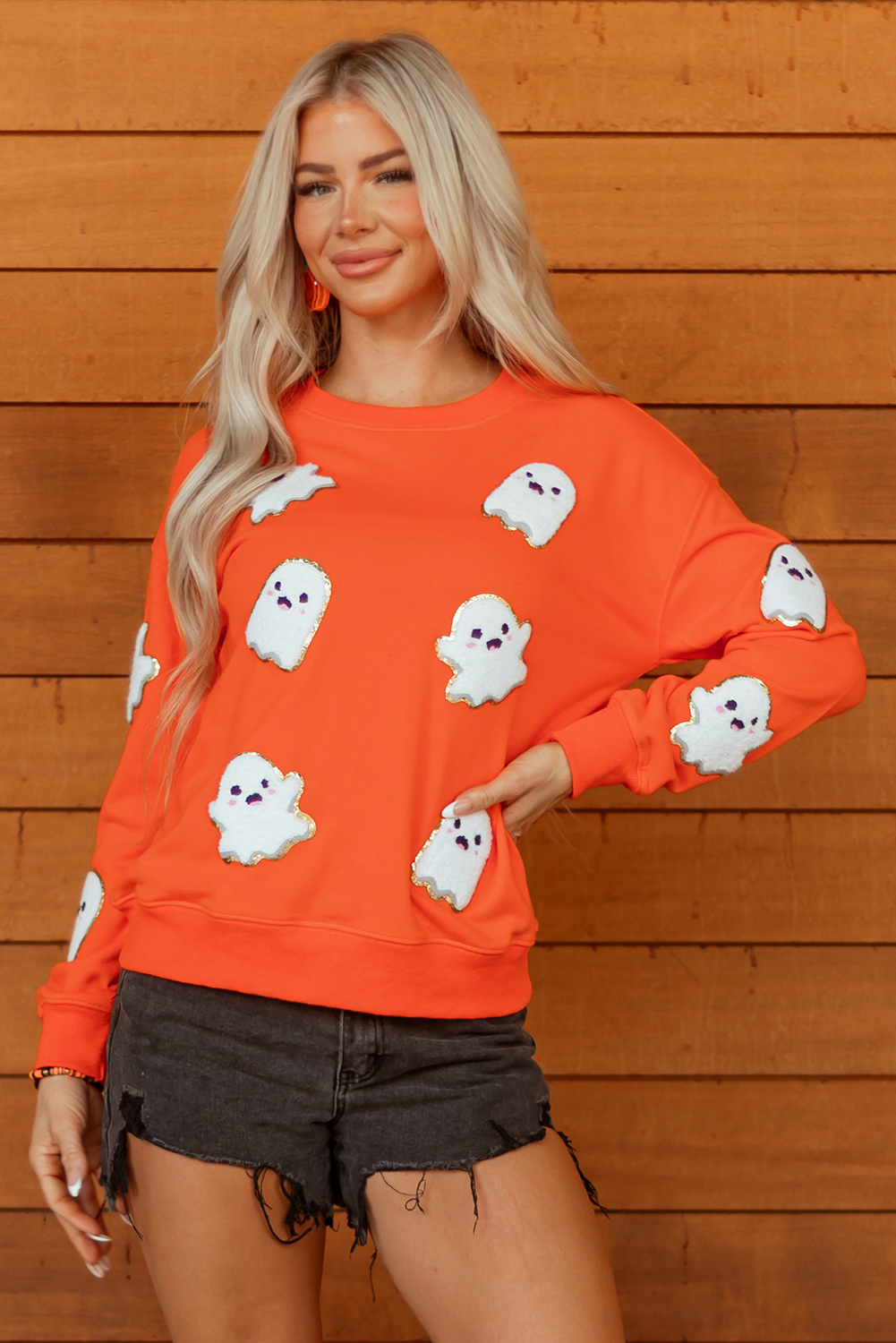 Orange Halloween Ghost Cute Patched Pattern Holiday Sweatshirt - loveforevers