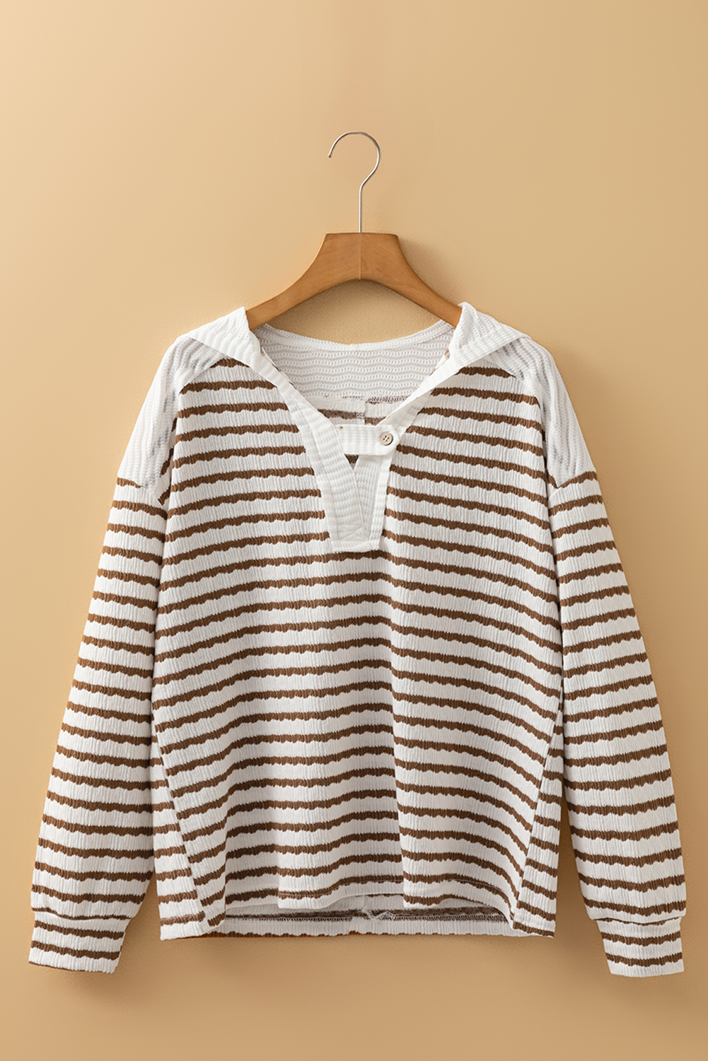 Khaki Stripe Textured Hooded V Neck Casual Long Sleeve Top - loveforevers