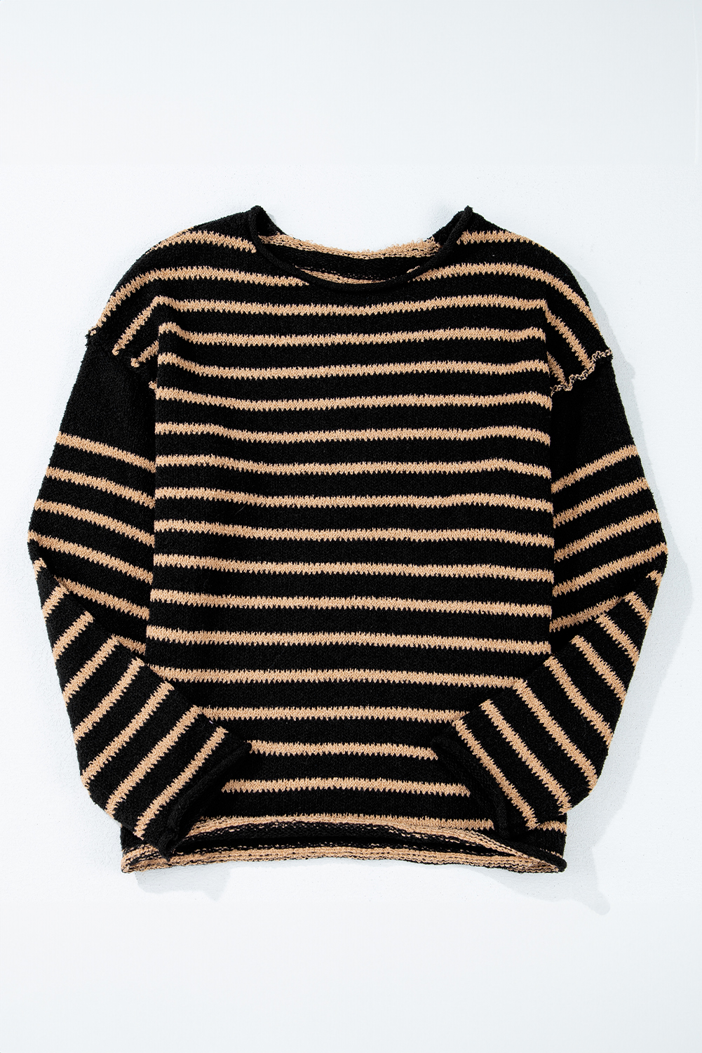 Black Stripe Drop Shoulder Round Neck Loose Sweater - loveforevers