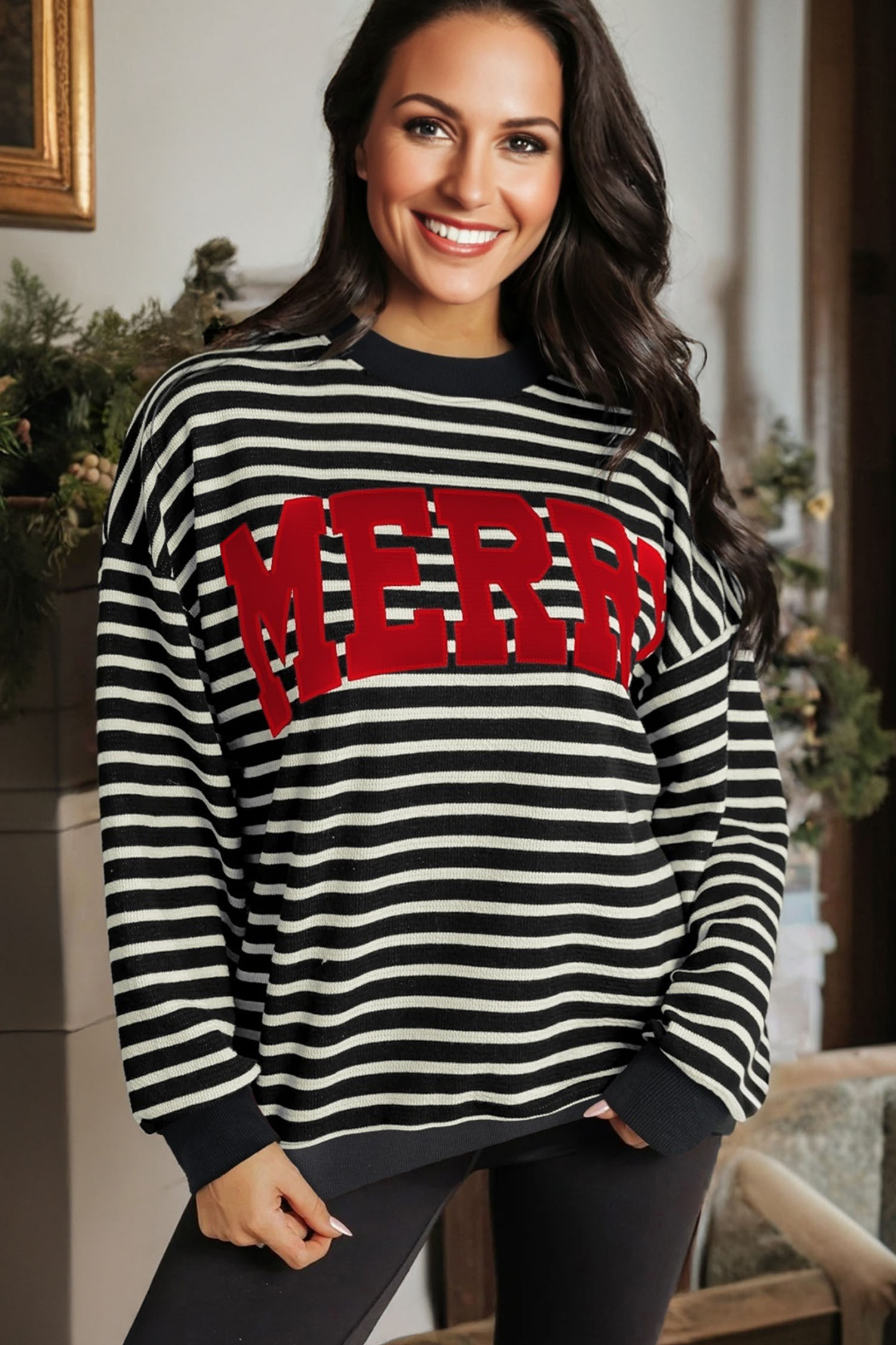 White Stripe Contrast MERRY Letter Christmas Print Drop Shoulder Sweatshirt - loveforevers